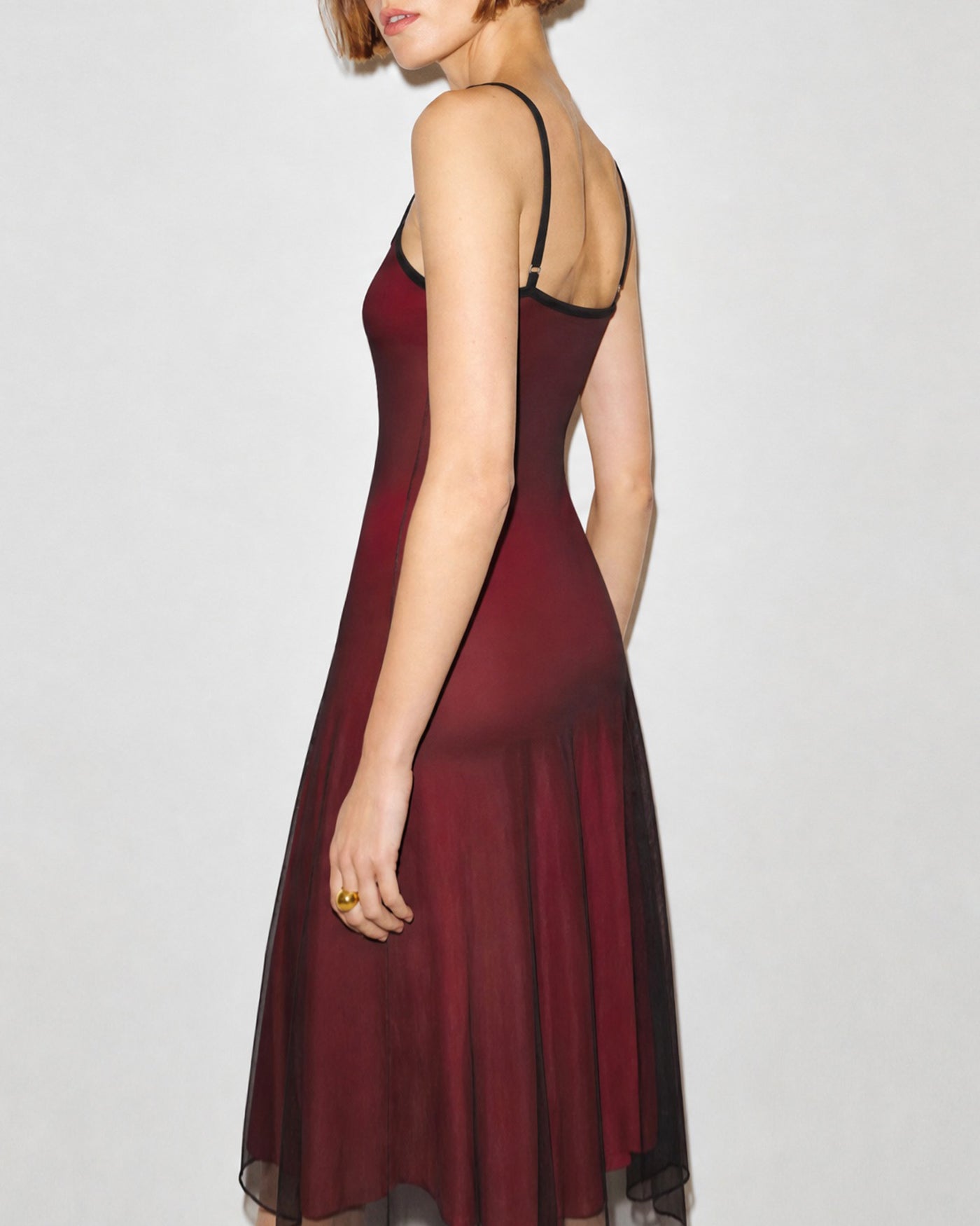 Wine Red Ruched Slip A-Line Midi Dress