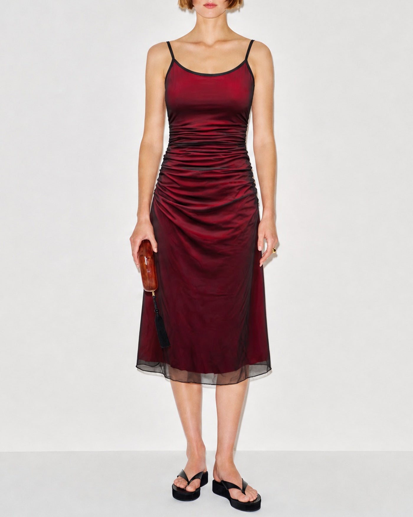 Wine Red Ruched Slip A-Line Midi Dress