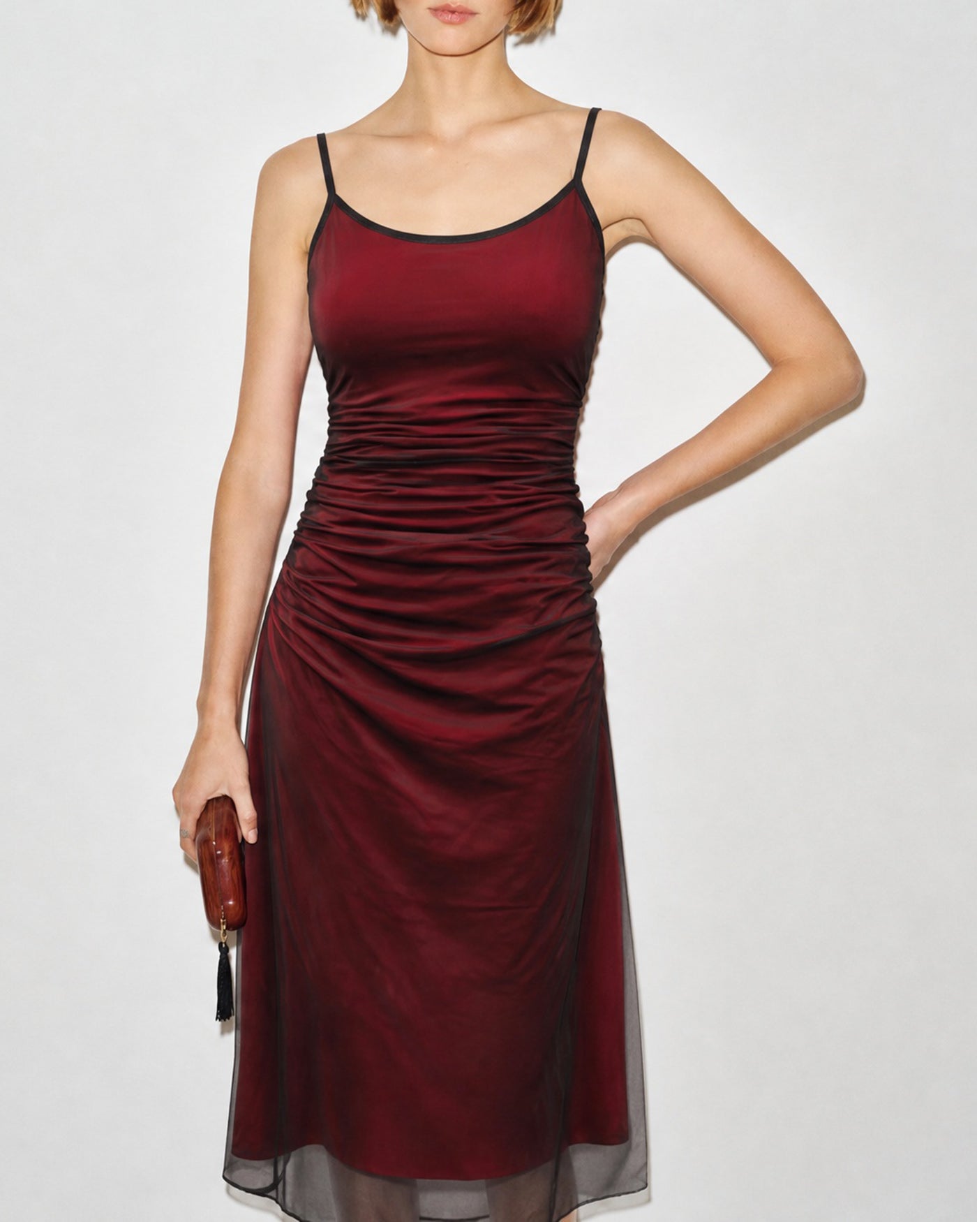 Wine Red Ruched Slip A-Line Midi Dress