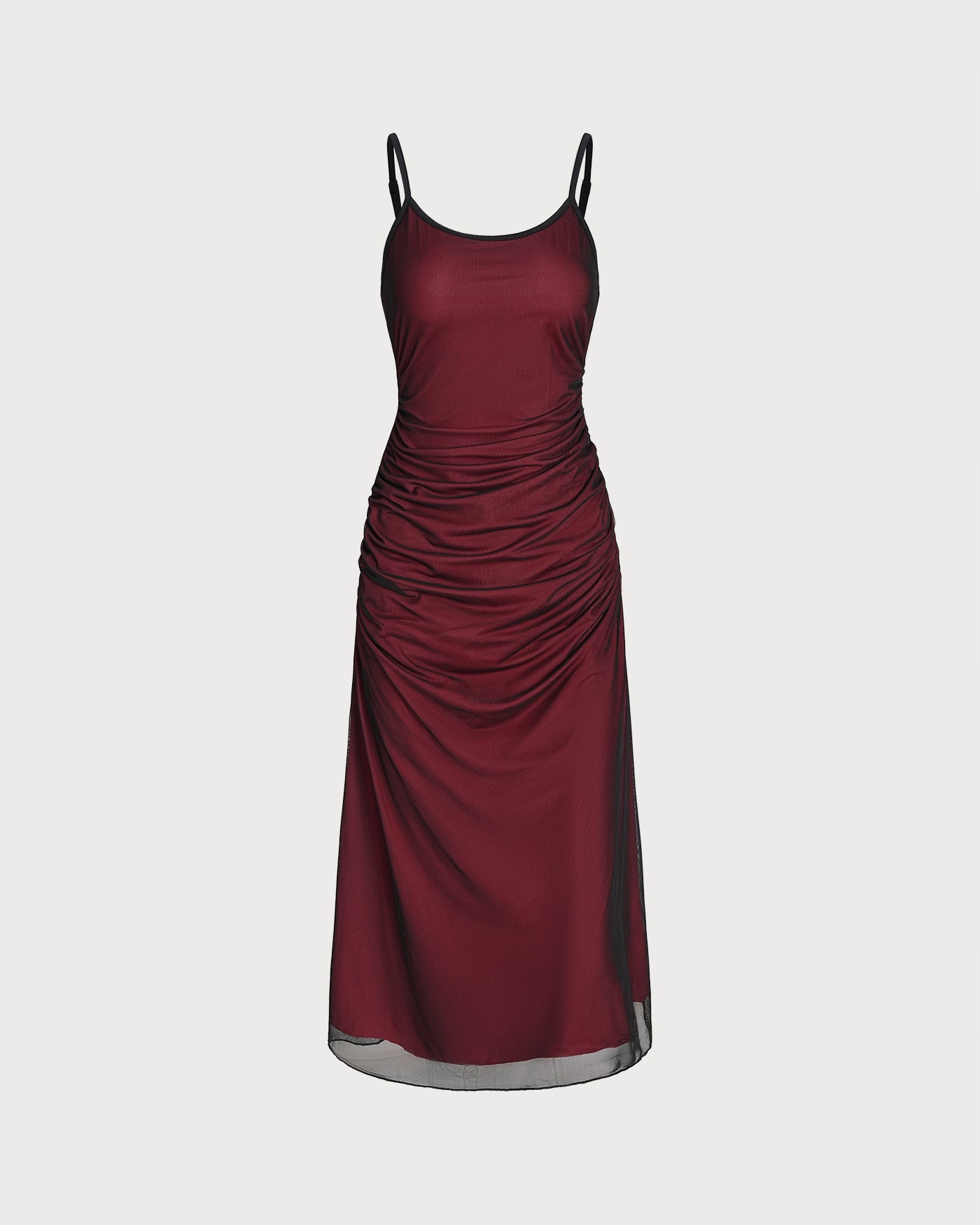 Wine Red Ruched Slip A-Line Midi Dress
