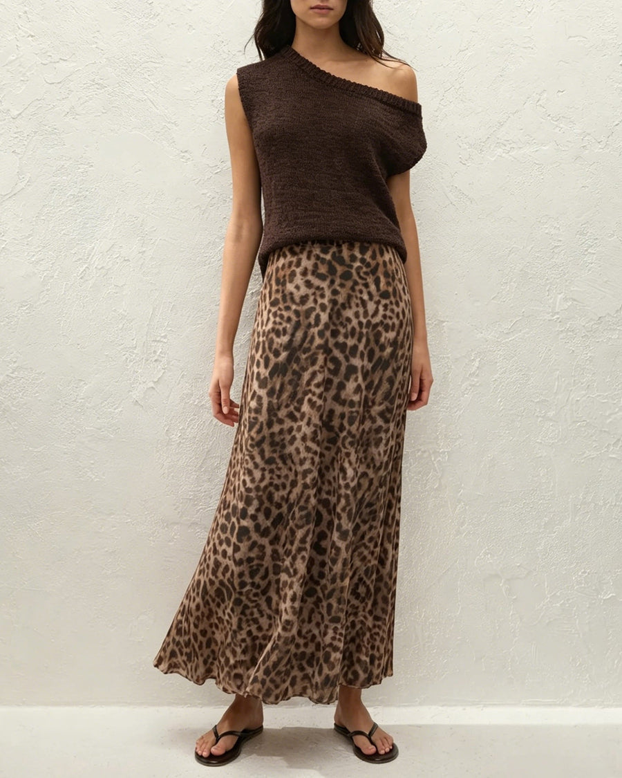Brown Animal Print Mesh Maxi Skirt