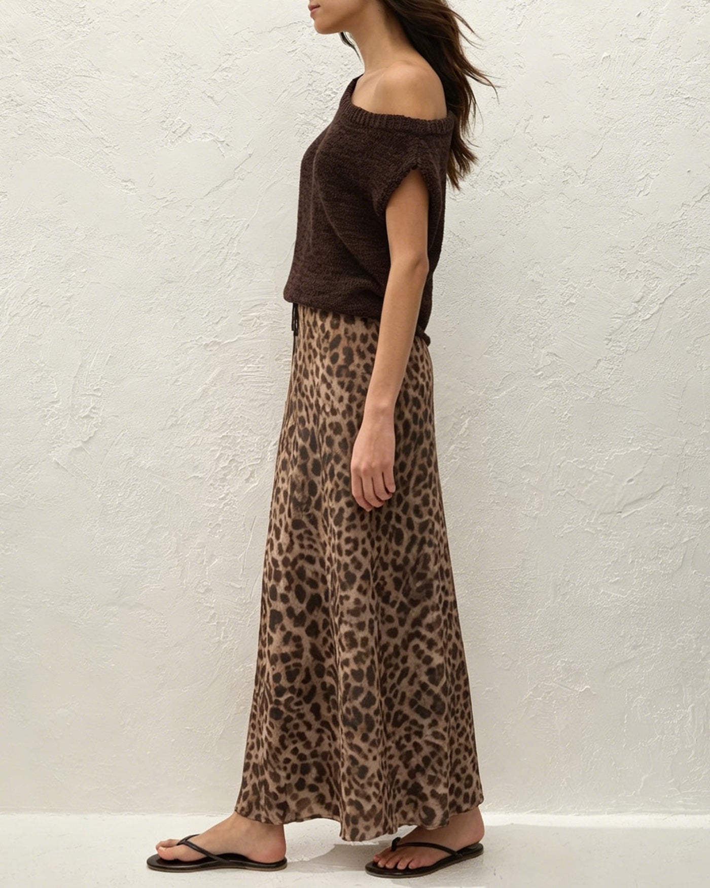 Brown Animal Print Mesh Maxi Skirt