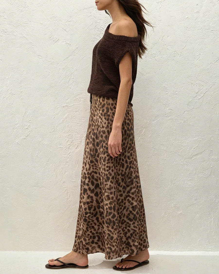 Brown Animal Print Mesh Maxi Skirt