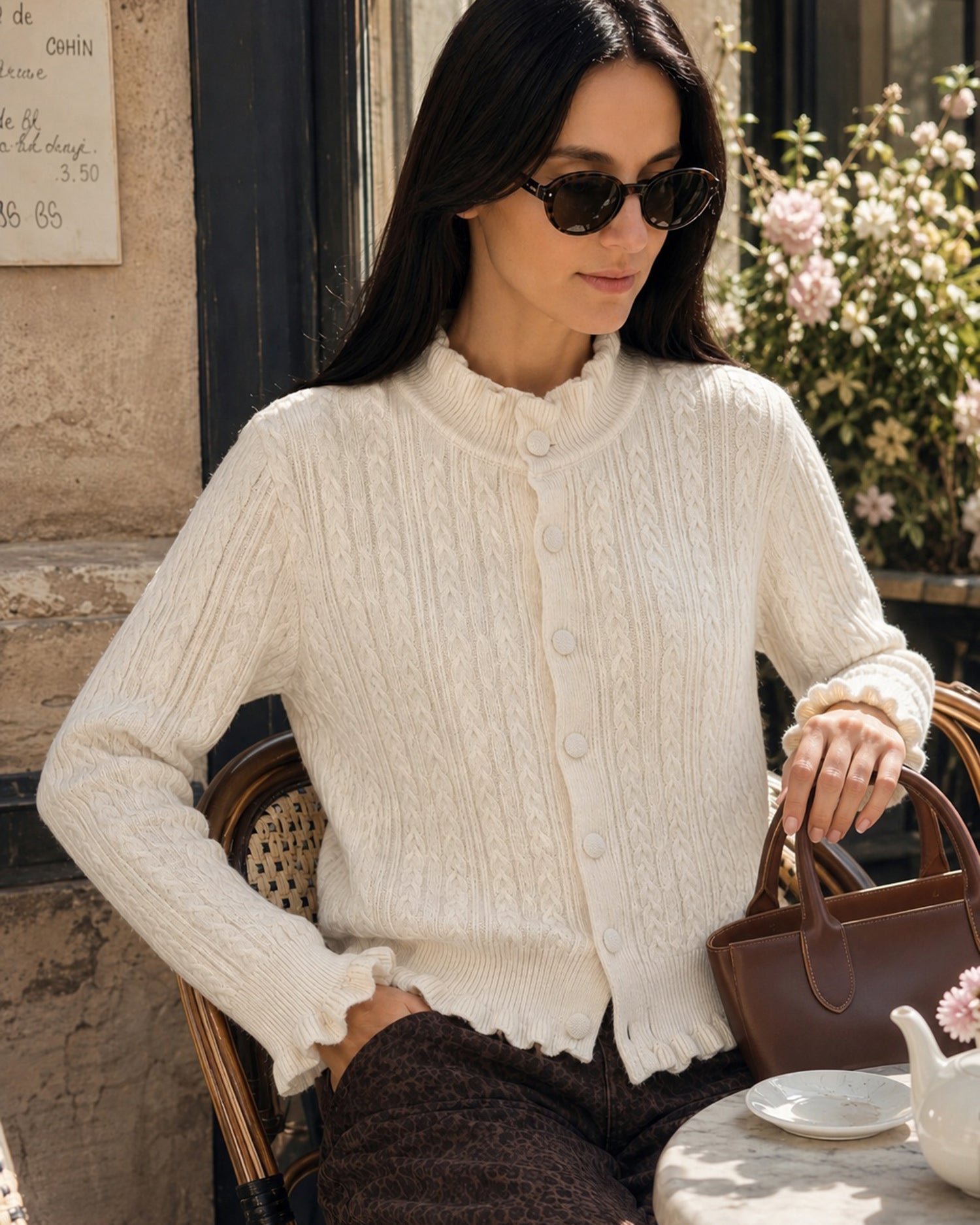 Apricot Ruffled Single Breasted Knit Cardigan