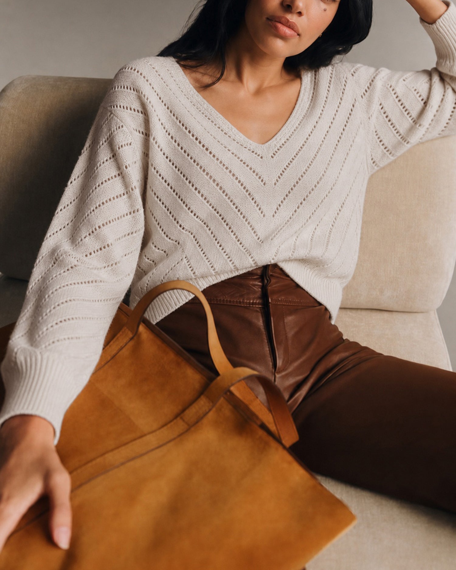 Apricot V Neck Textured Knit Sweater