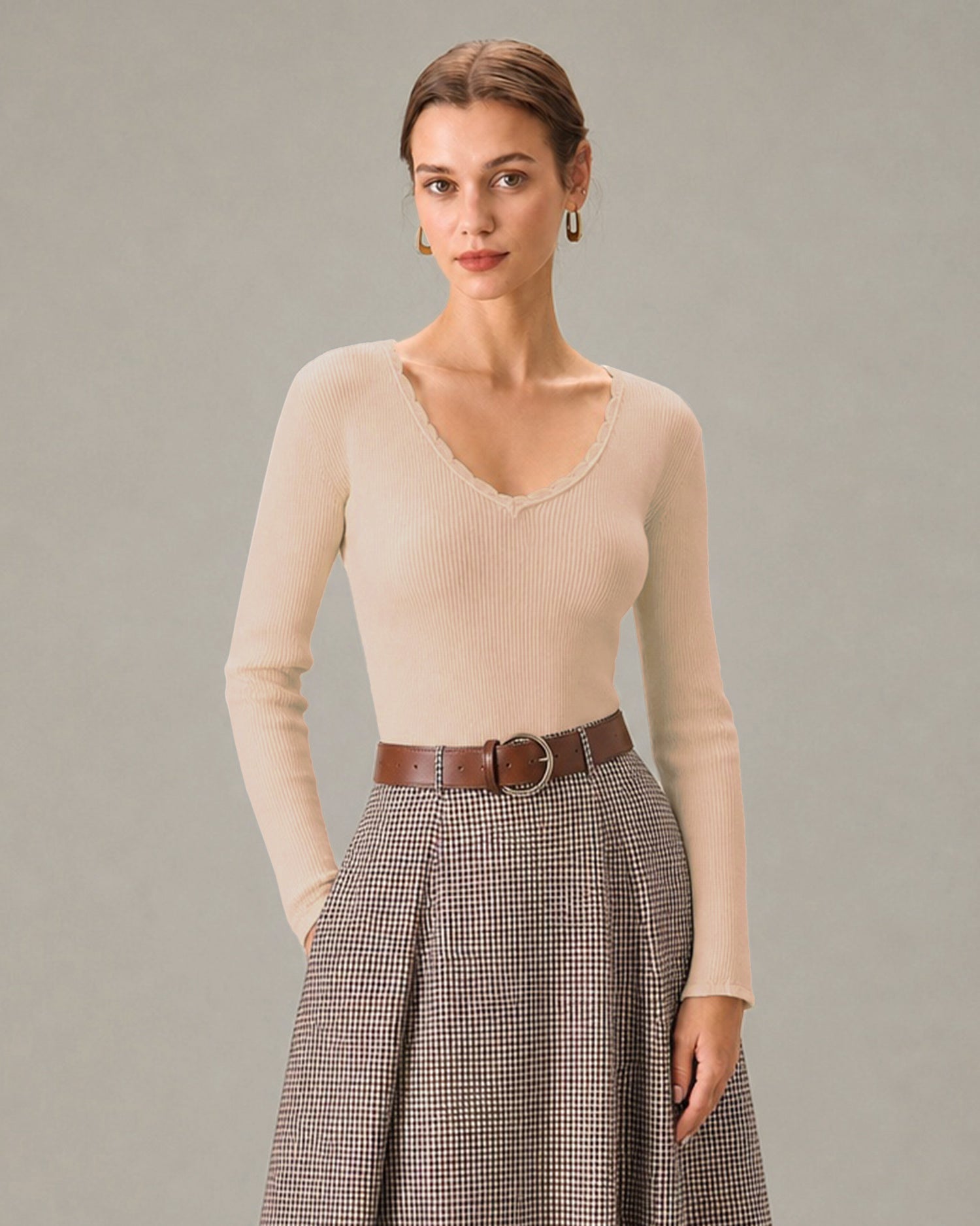 Apricot Solid V Neck Knit Sweater