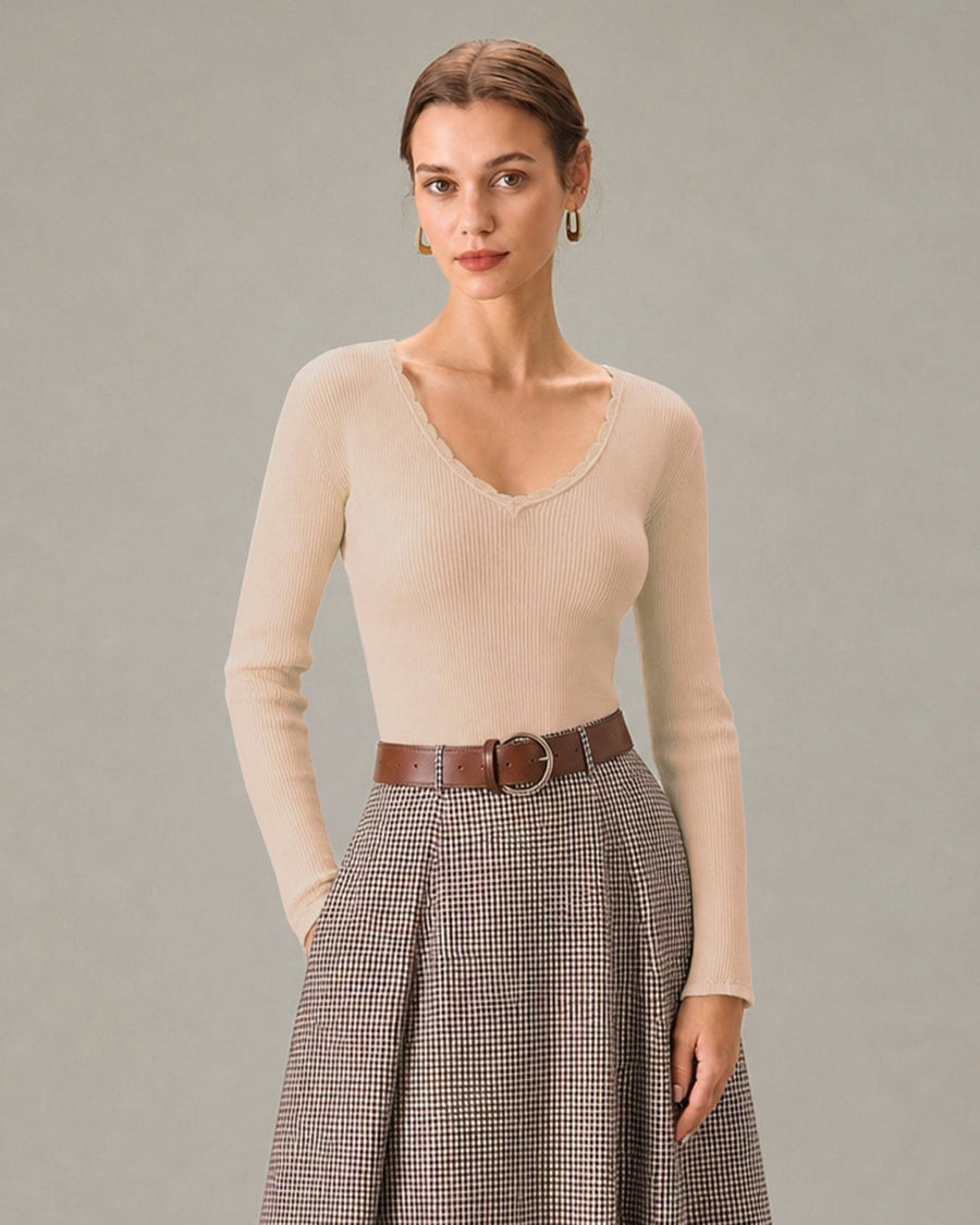 Apricot Solid V Neck Knit Sweater
