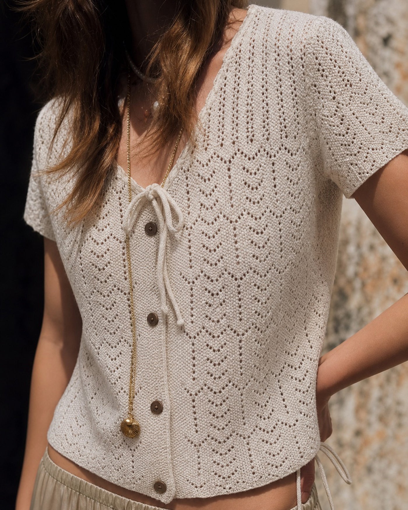 Beige V Neck Textured Button Knit Cardigan