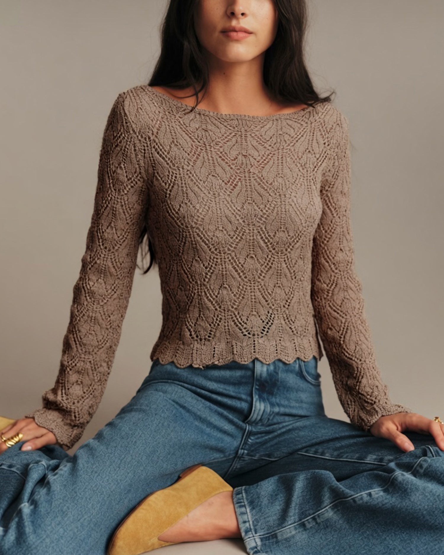 Brown Boat Neck Cut Out Knit Sweater