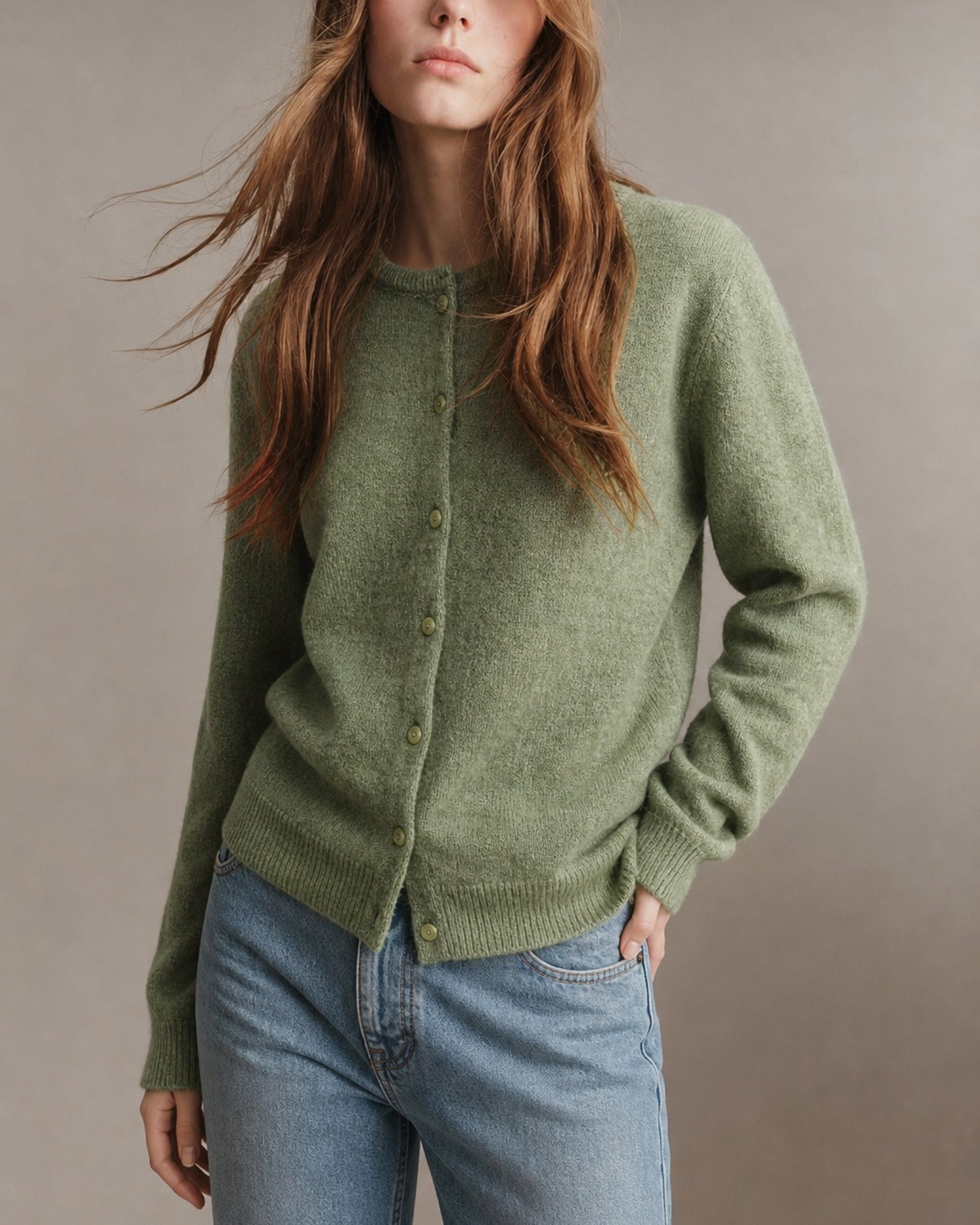 Green Solid Single Breasted Knit Cardigan