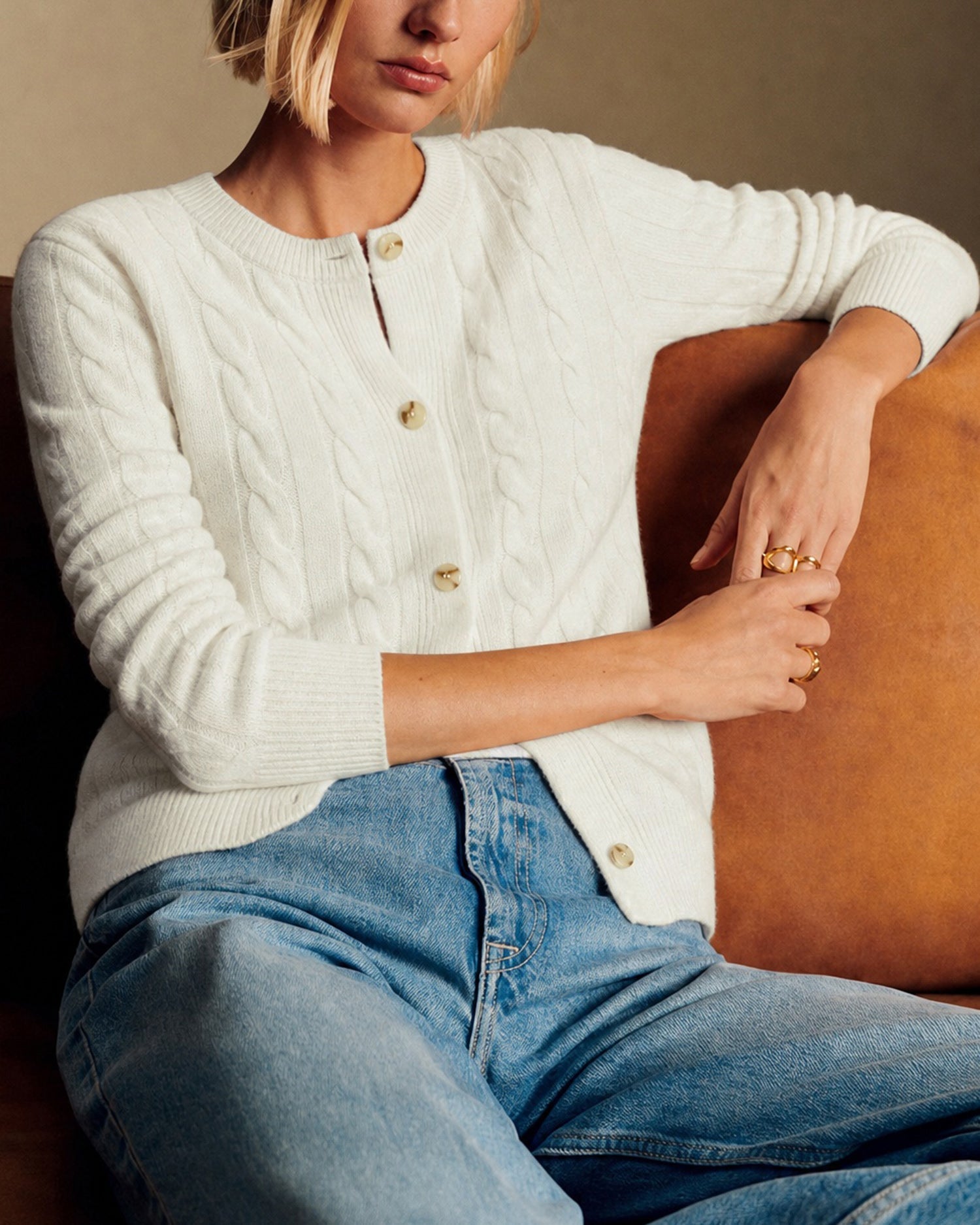 Off White Textured Button Knit Cardigan