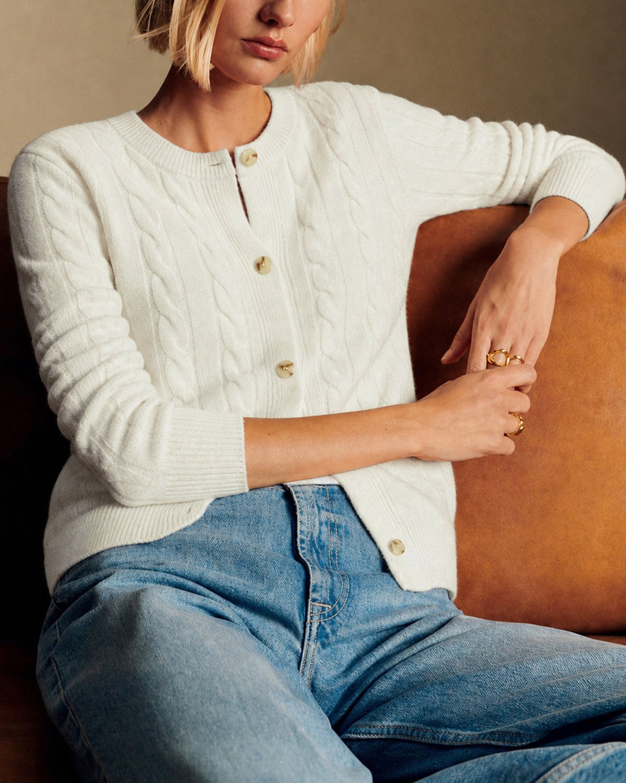 Off White Textured Button Knit Cardigan