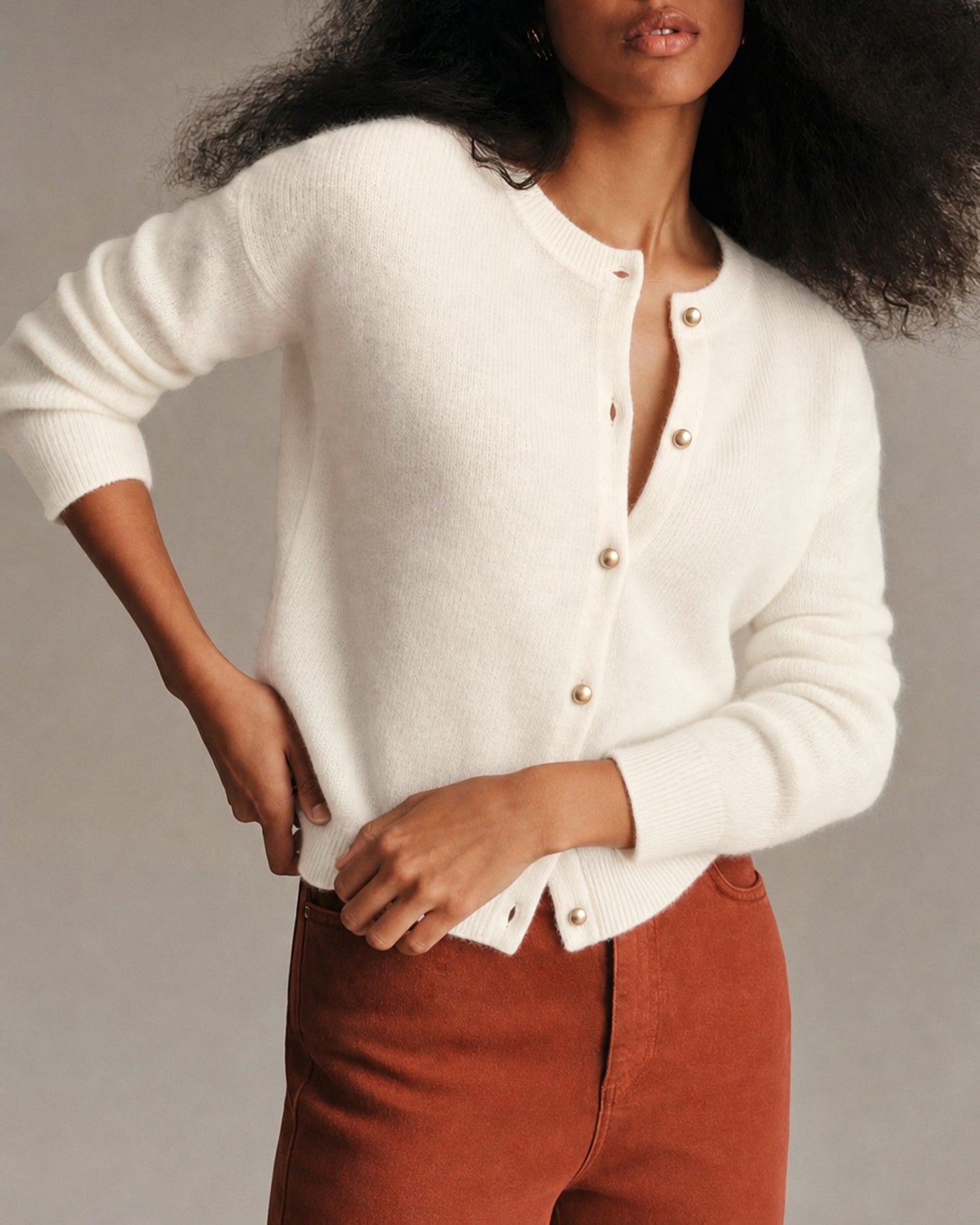 Off White Round Neck Button Knit Cardigan