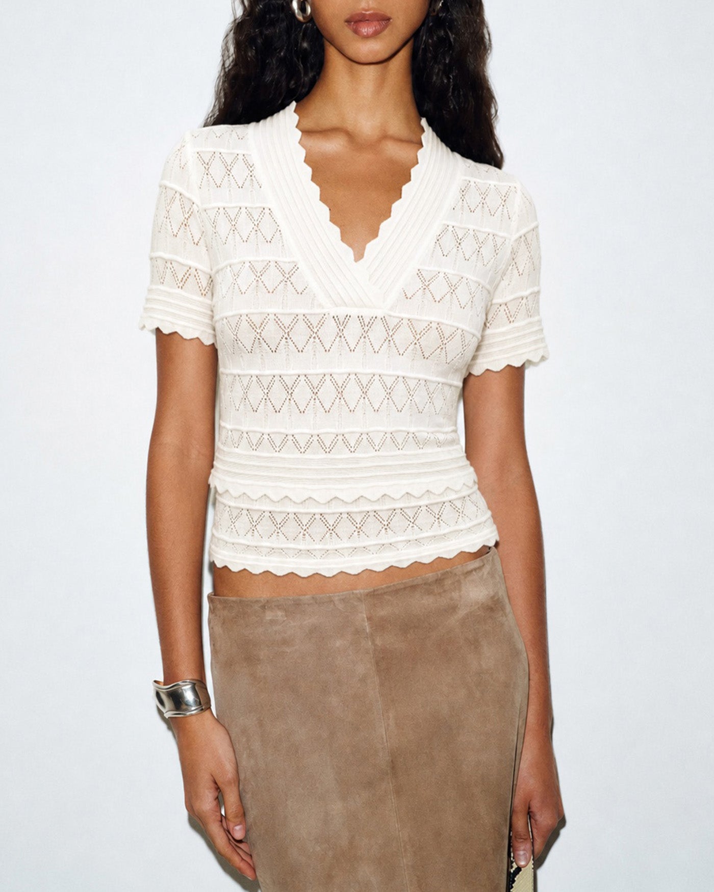 Off White Solid V Neck Textured Sweater