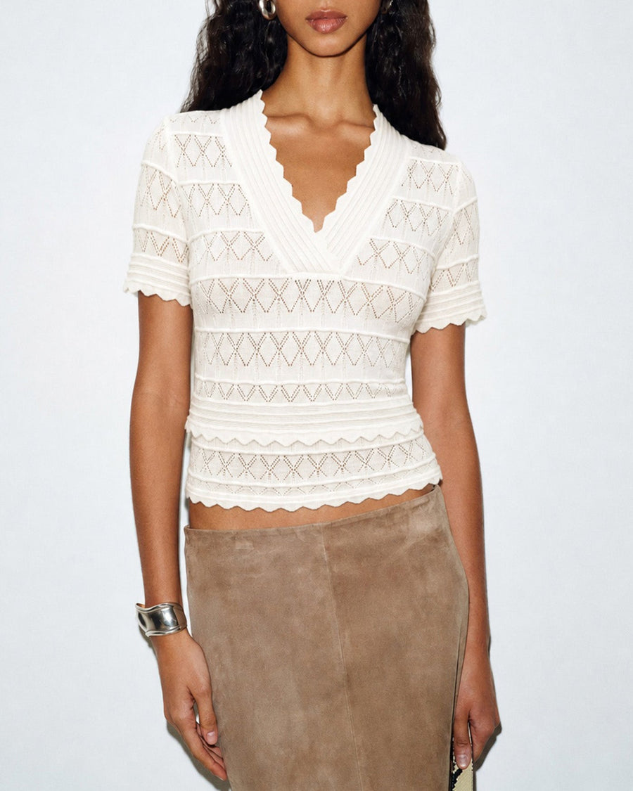 Off White Solid V Neck Textured Sweater