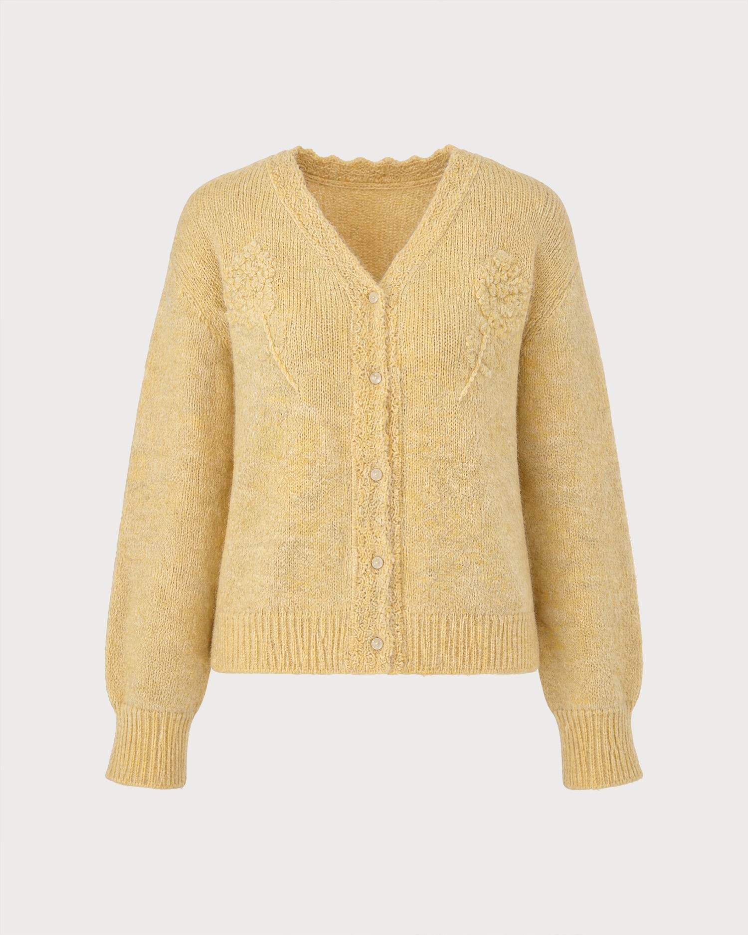 Yellow V Neck Floral Knit Sweater