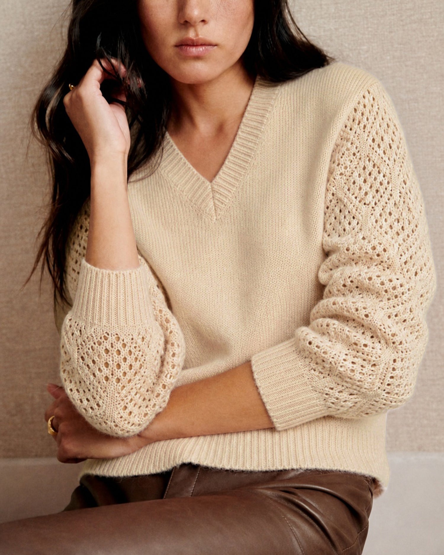 Khaki Textured Cut Out Knit Sweater