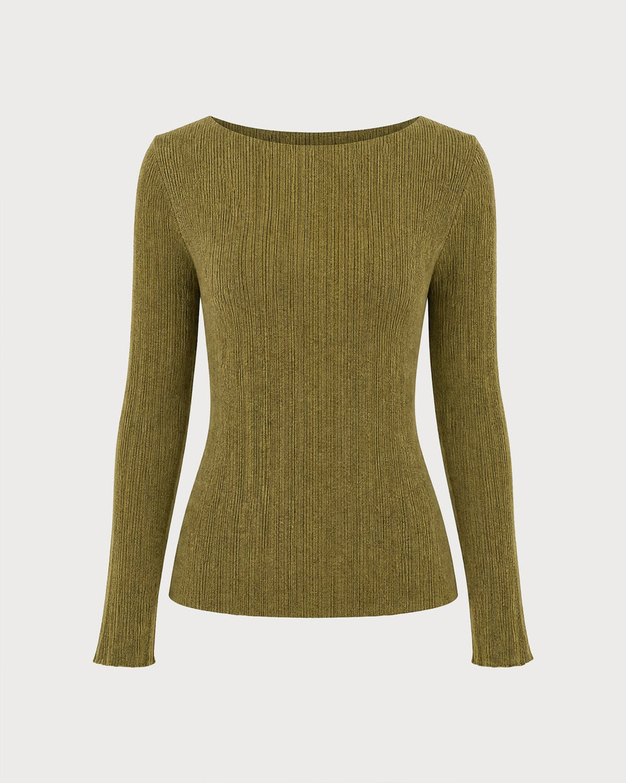Green Solid Boat Neck Knit Sweater