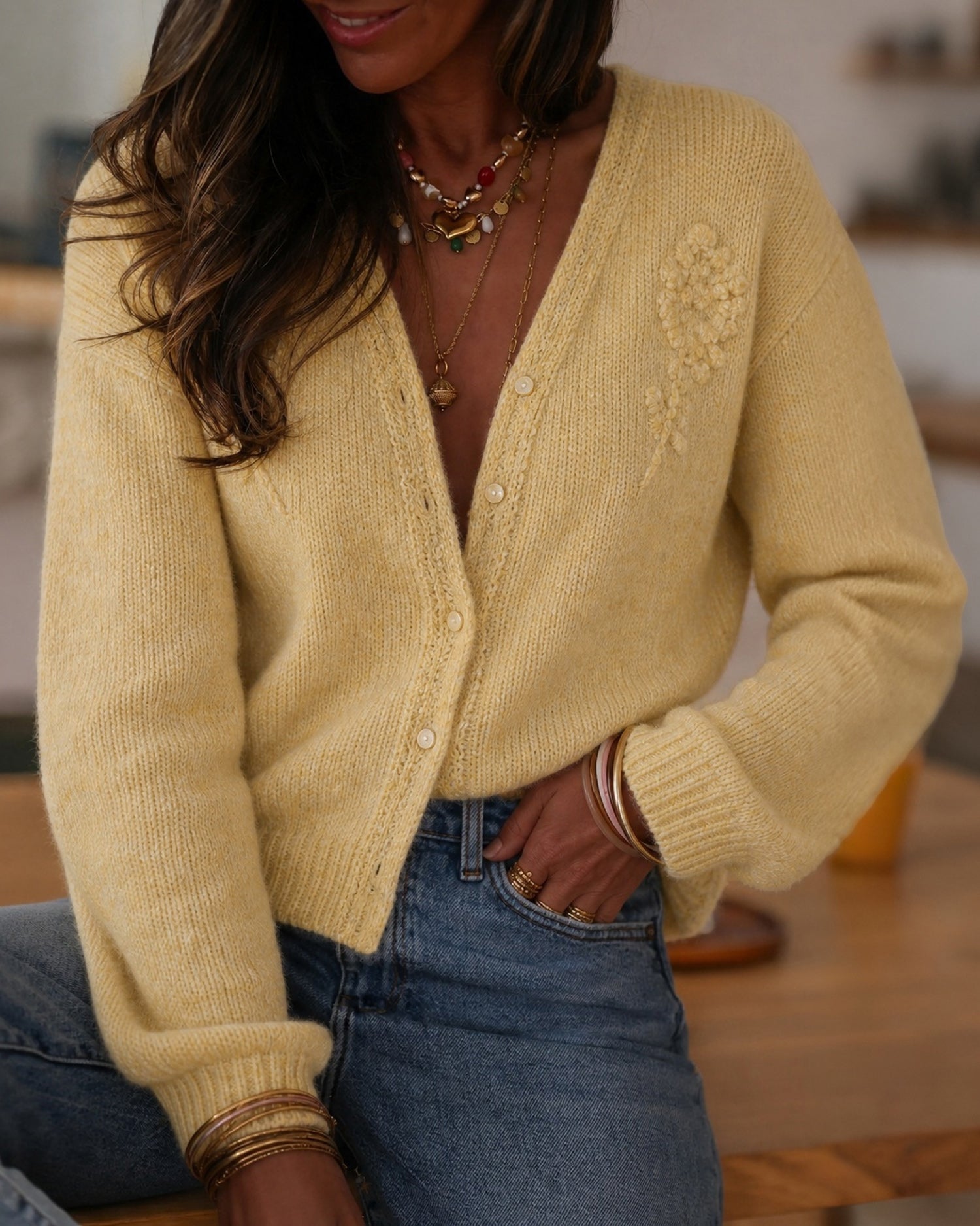 Yellow V Neck Floral Knit Sweater