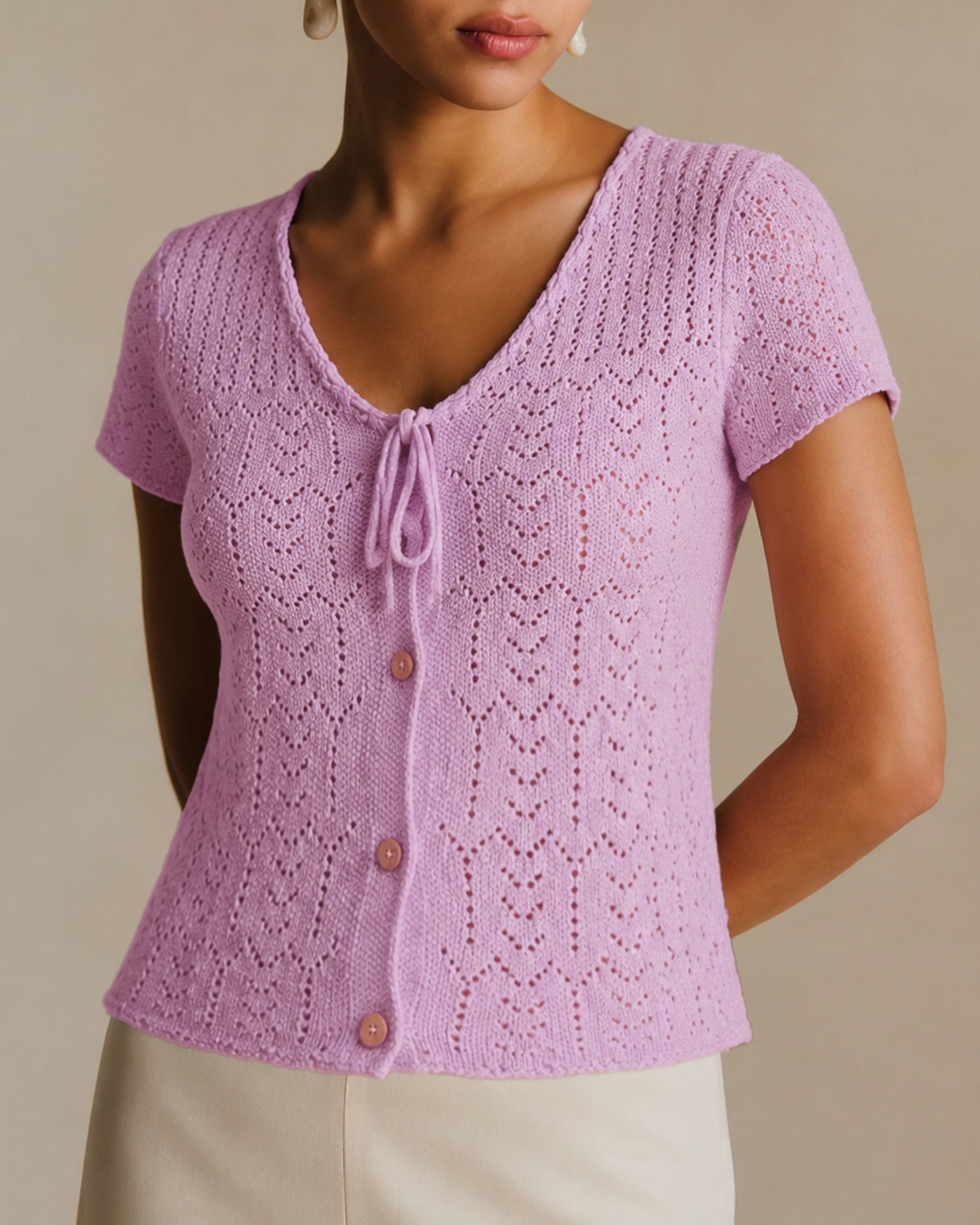 Purple V Neck Textured Button Knit Cardigan