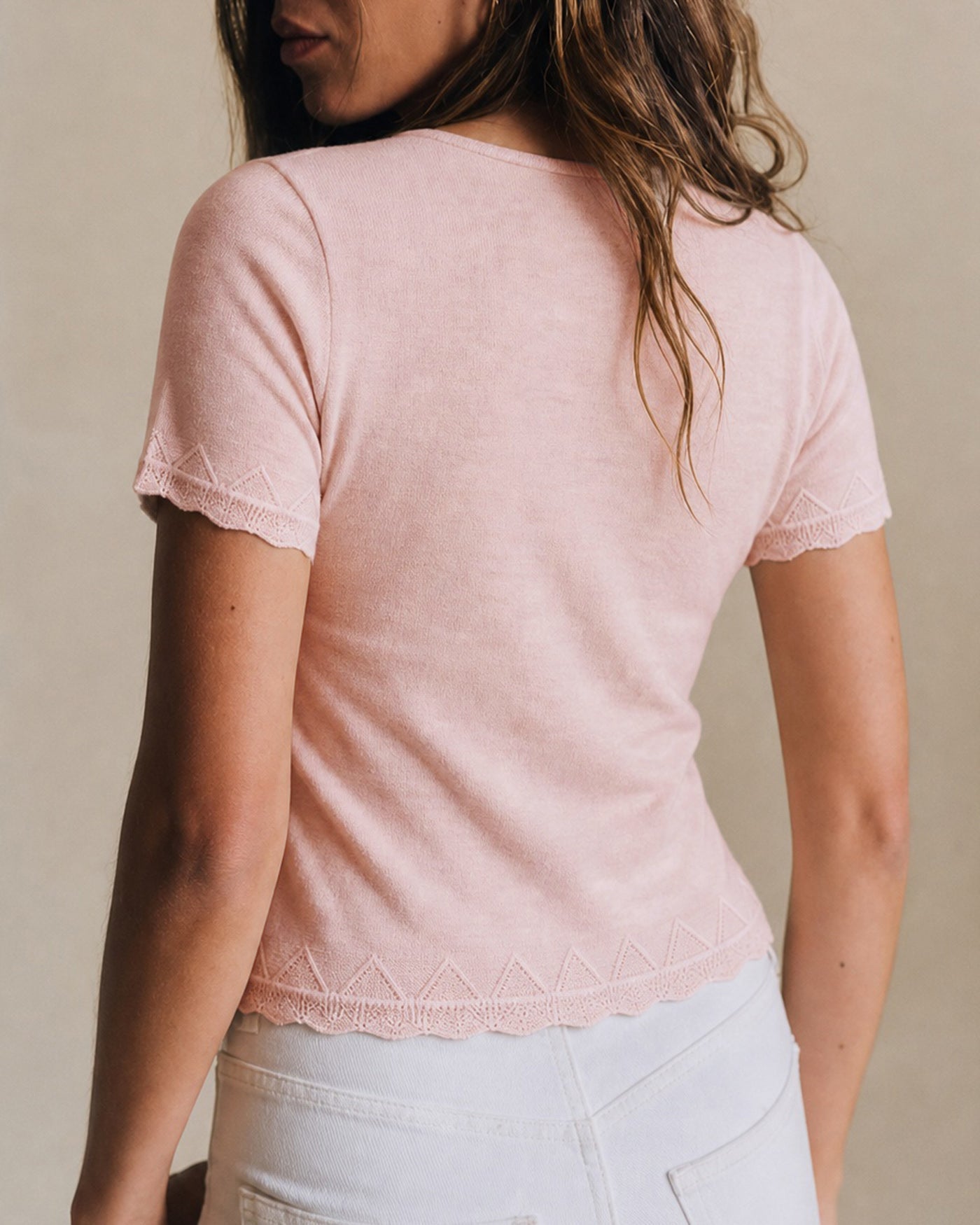 Pink U Neck Textured Knit Sweater