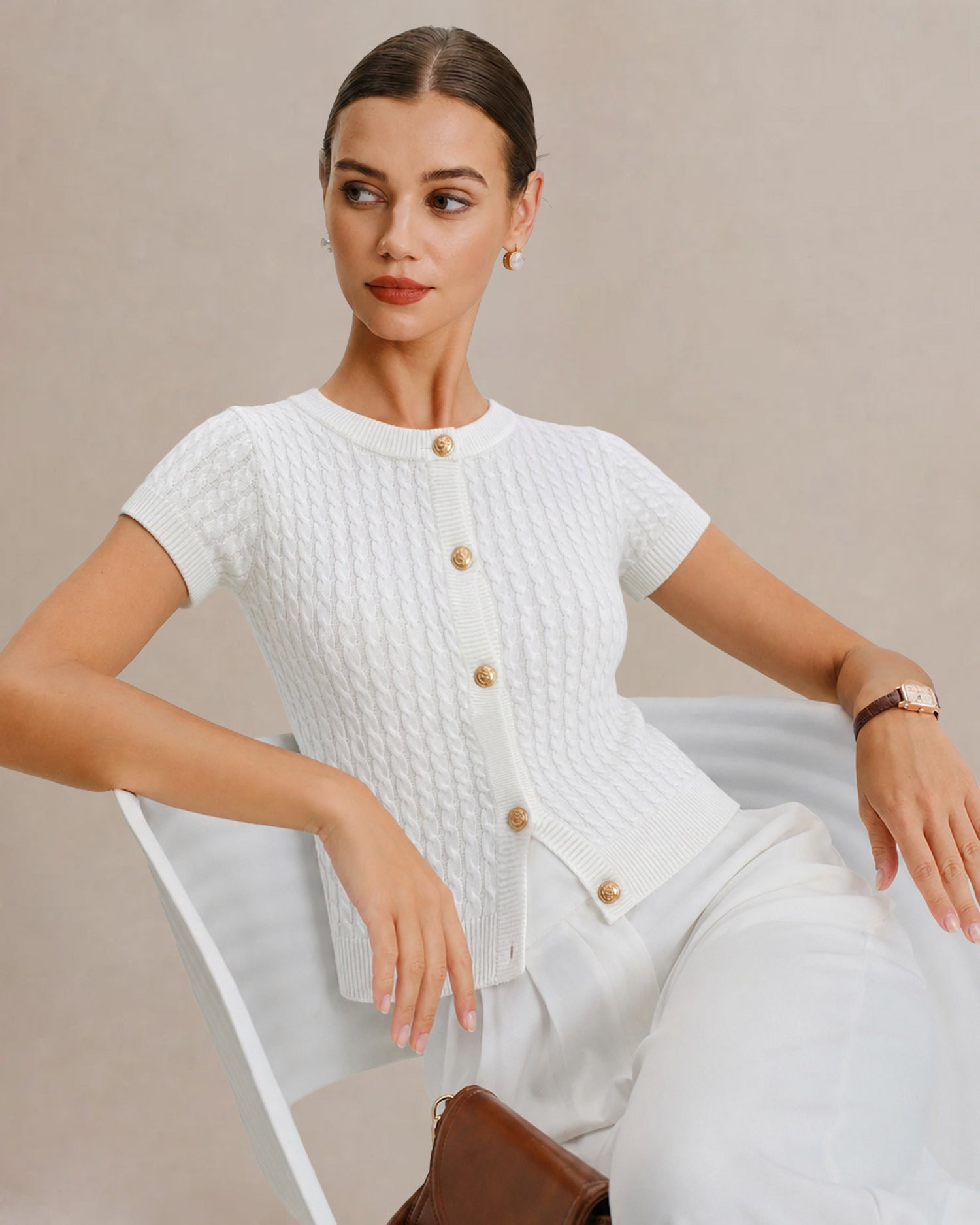 White Round Neck Single Breasted Knit Cardigan