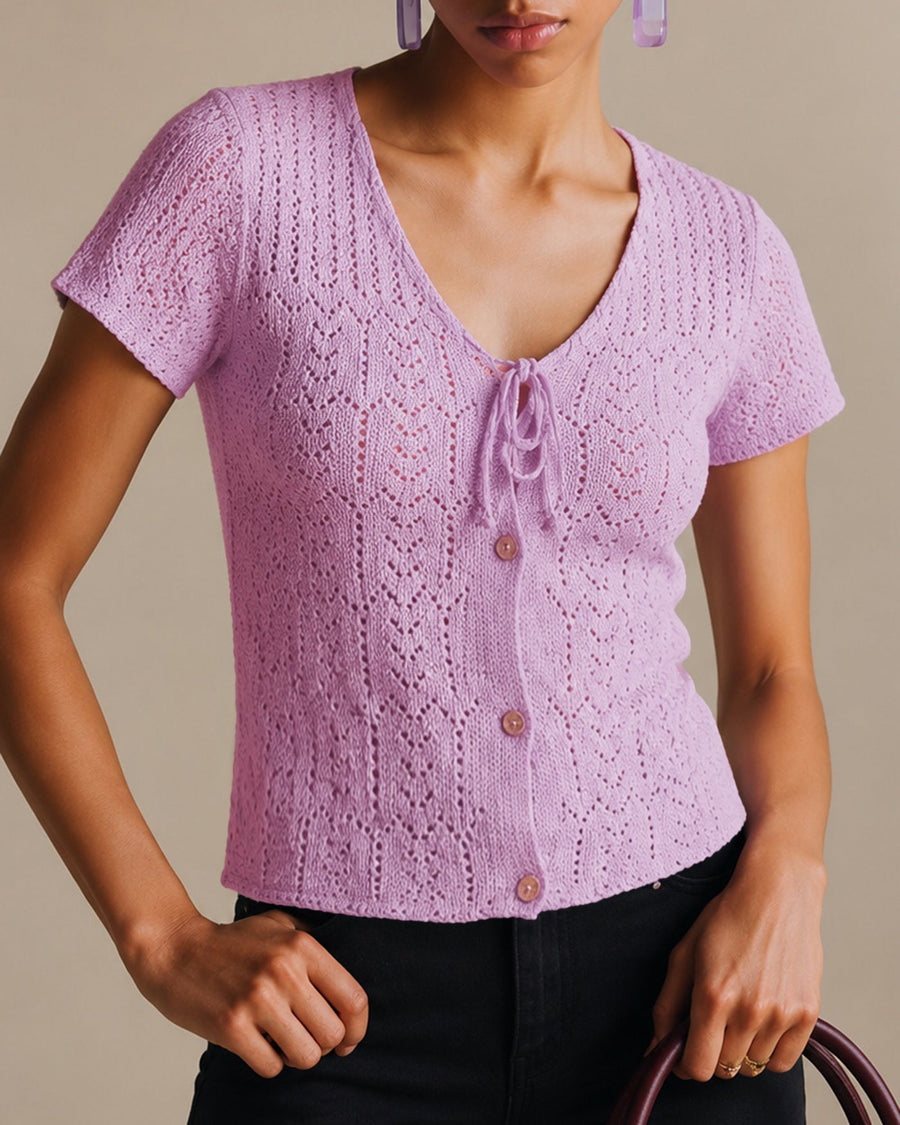 Purple V Neck Textured Button Knit Cardigan