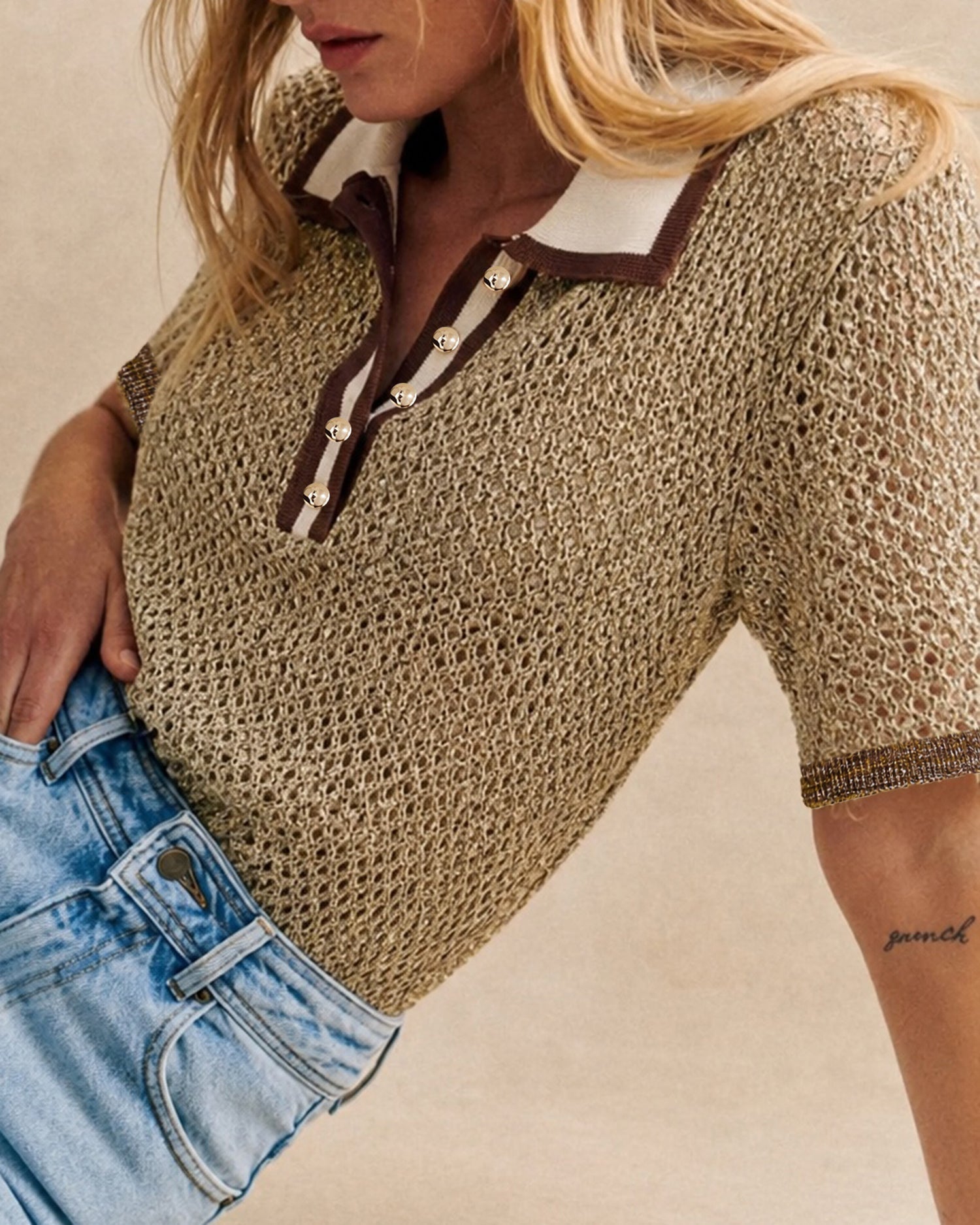 Brown Collar Contrasting Knit Sweater