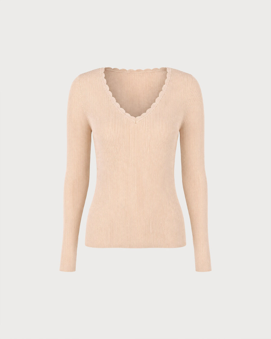 Apricot Solid V Neck Knit Sweater