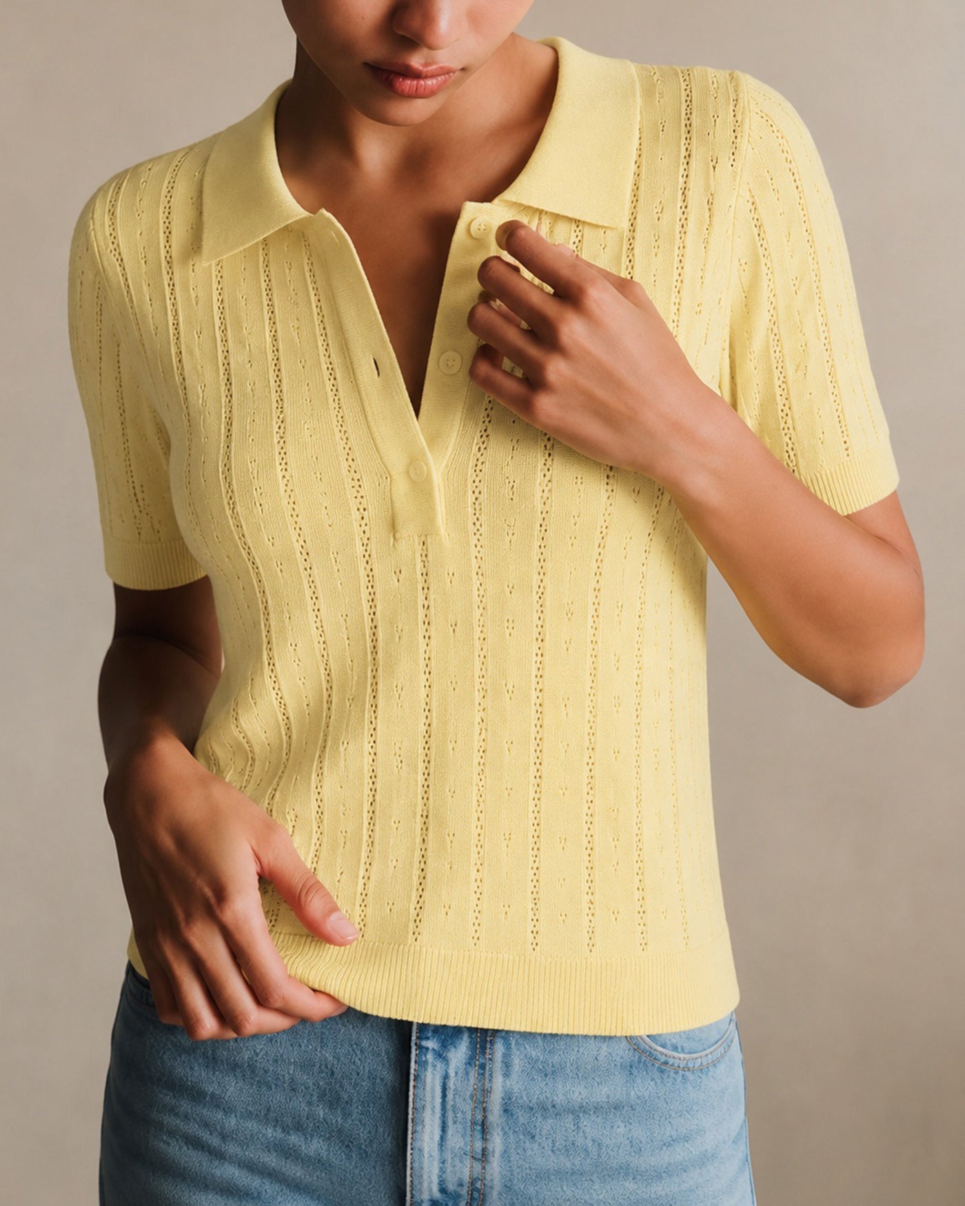 Yellow Collar Button Textured Sweater