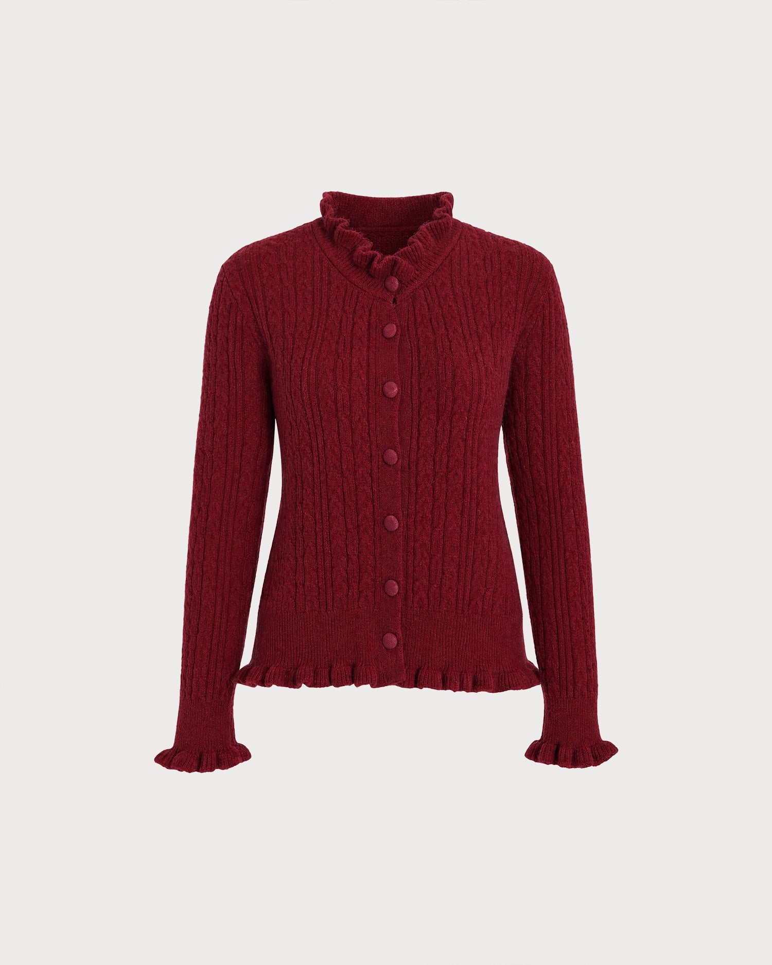 Wine Red Ruffled Button Knit Cardigan