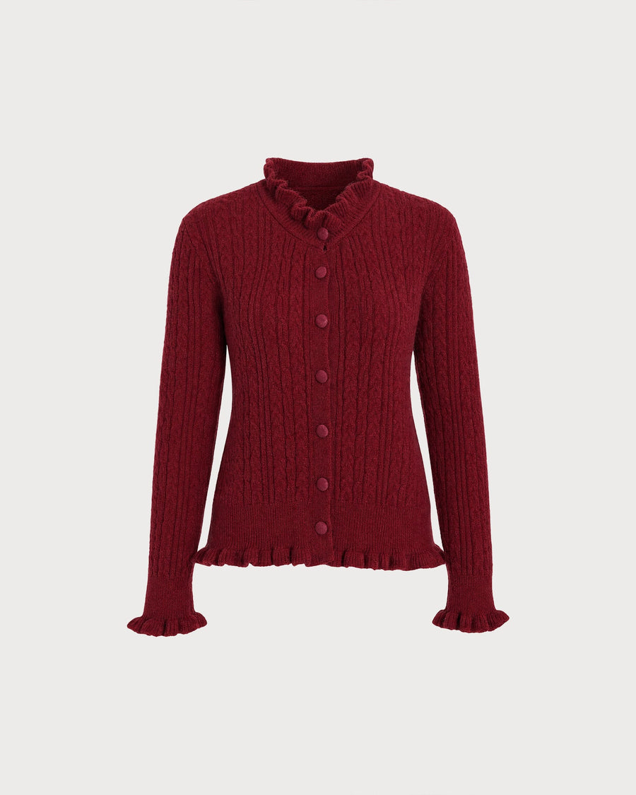 Wine Red Ruffled Button Knit Cardigan