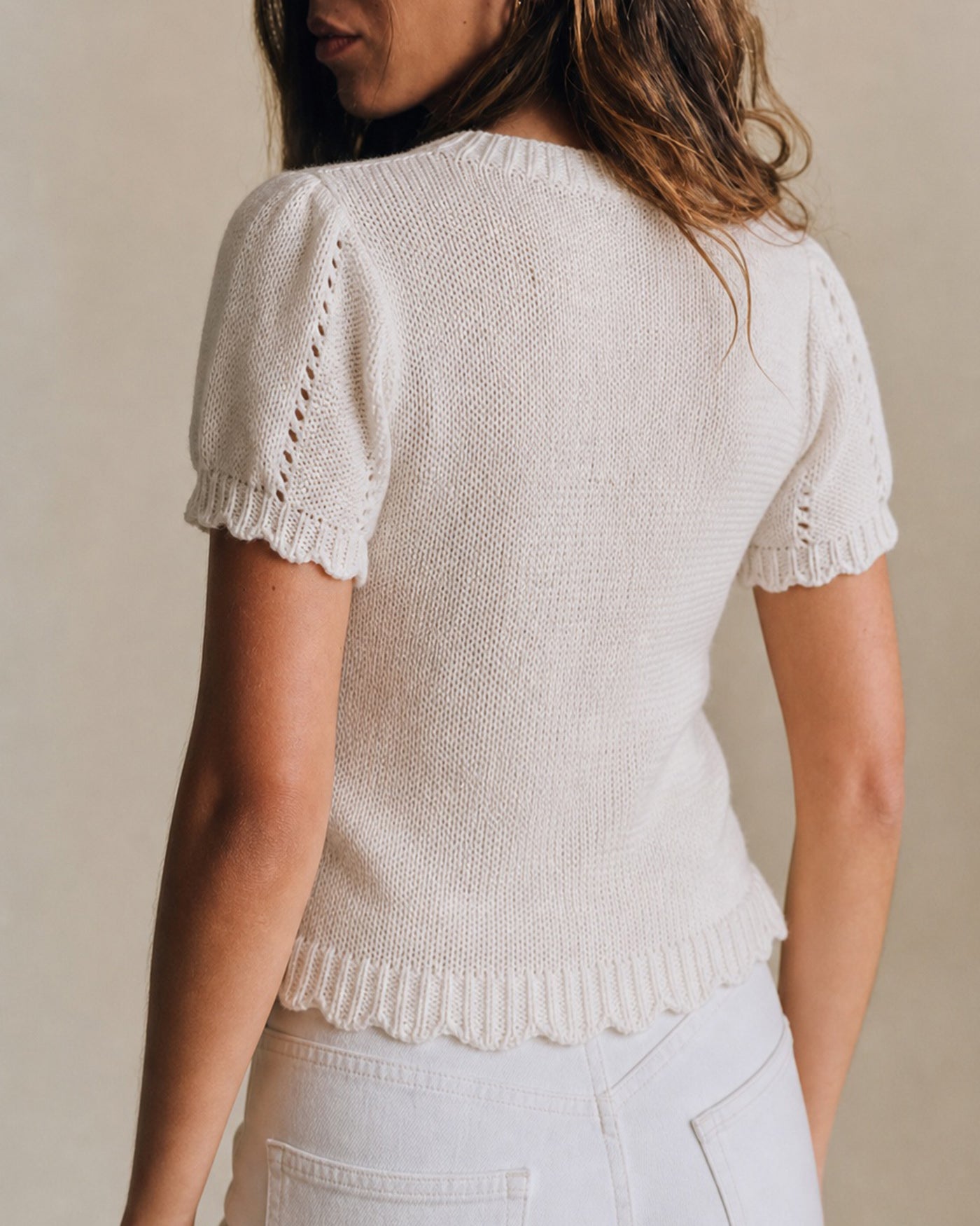 White Round Neck Textured Knit Sweater