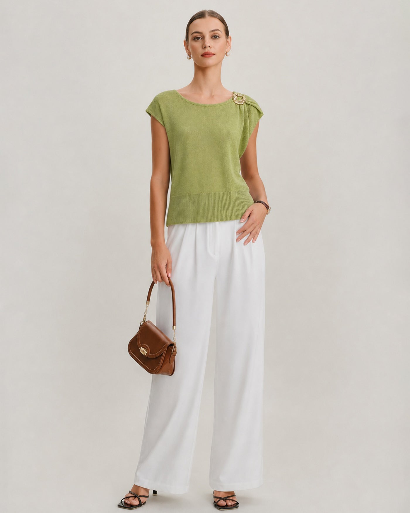 Green Round Neck Drop Shoulder Knit Sweater