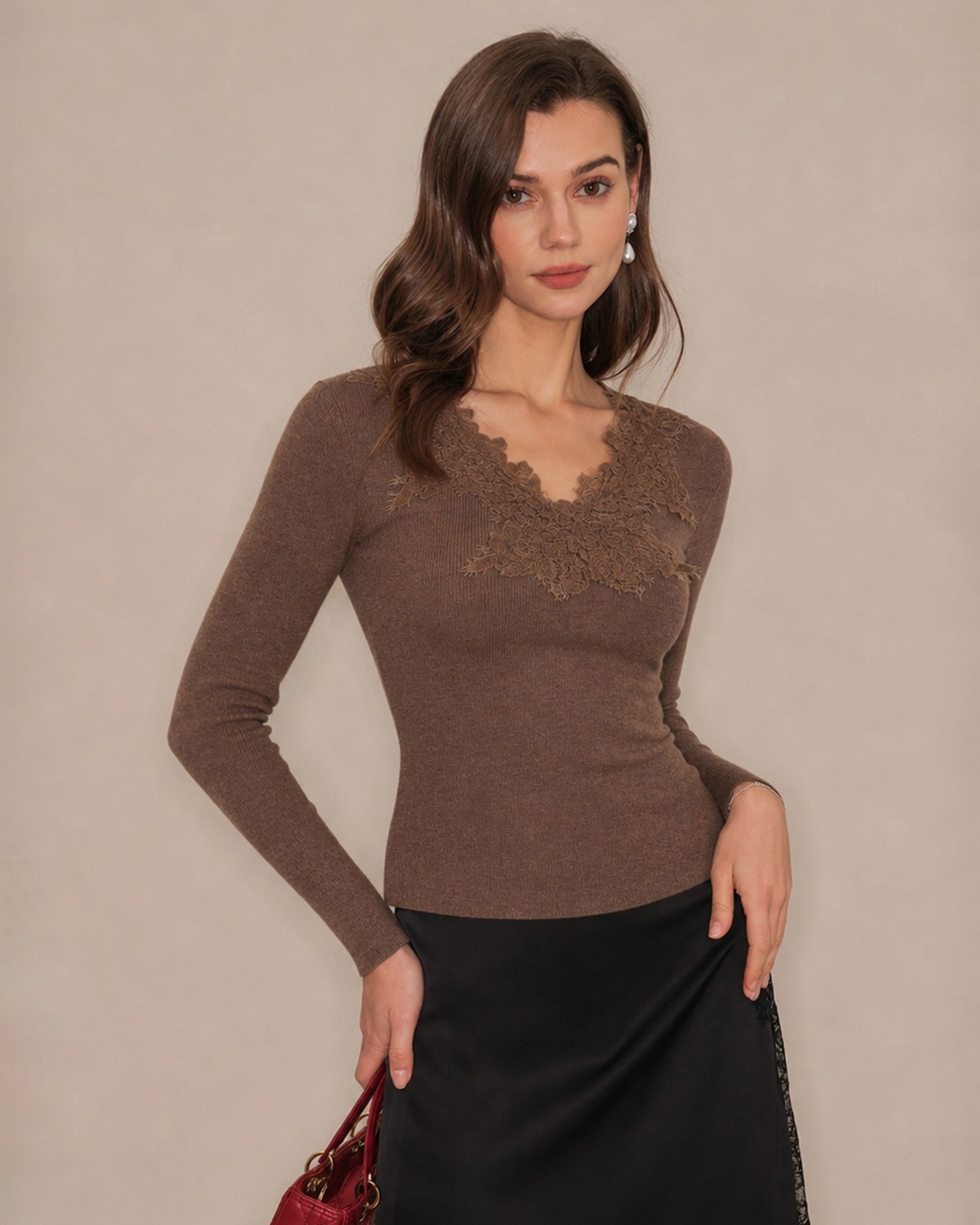Coffee V Neck Lace Knit Sweater