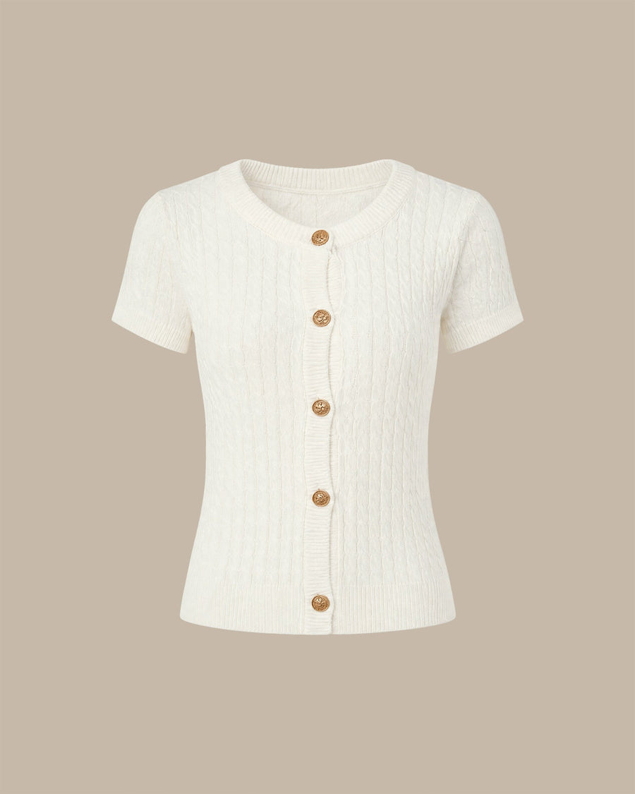 White Round Neck Single Breasted Knit Cardigan