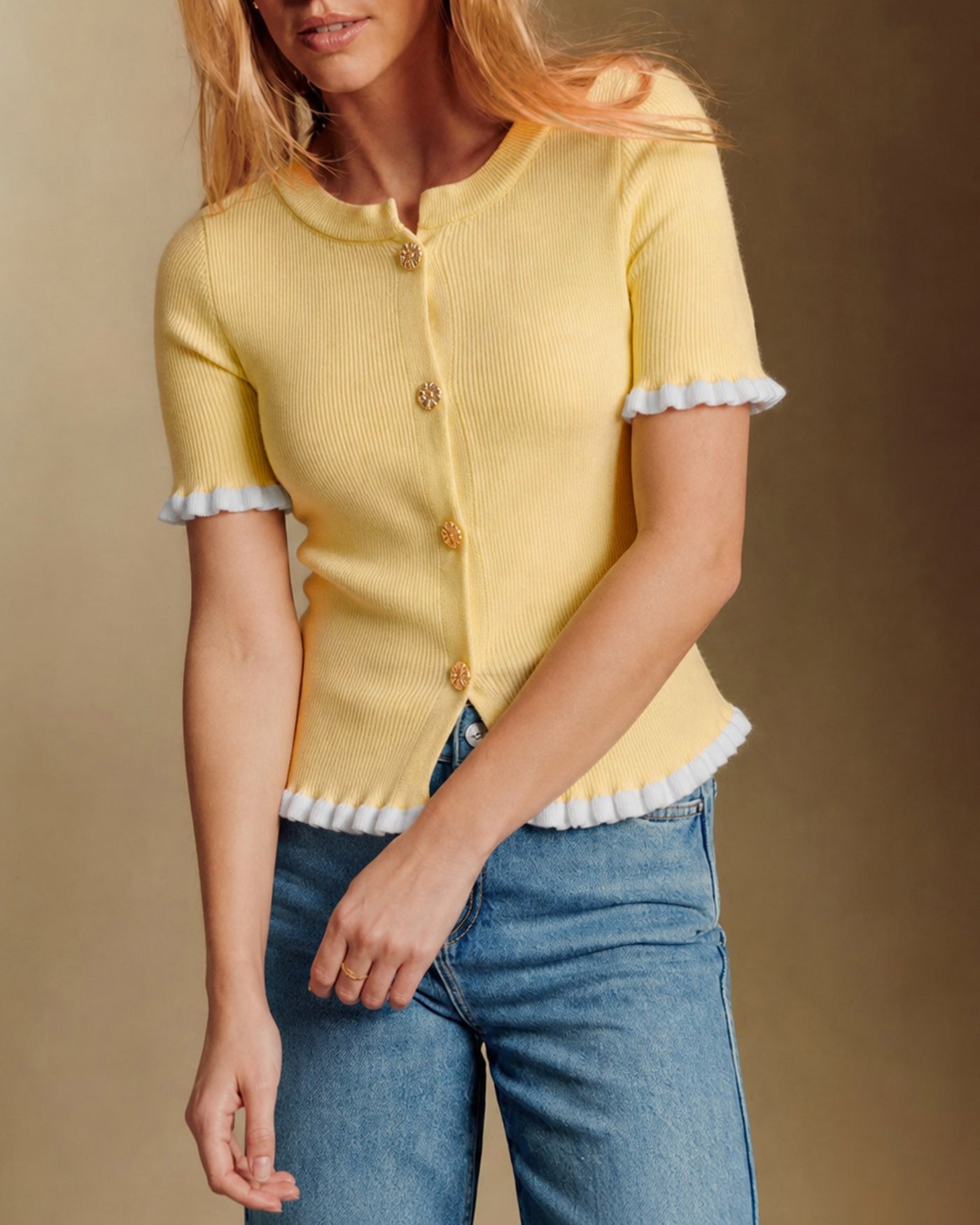 Yellow Single Breasted Contrasting Cardigan