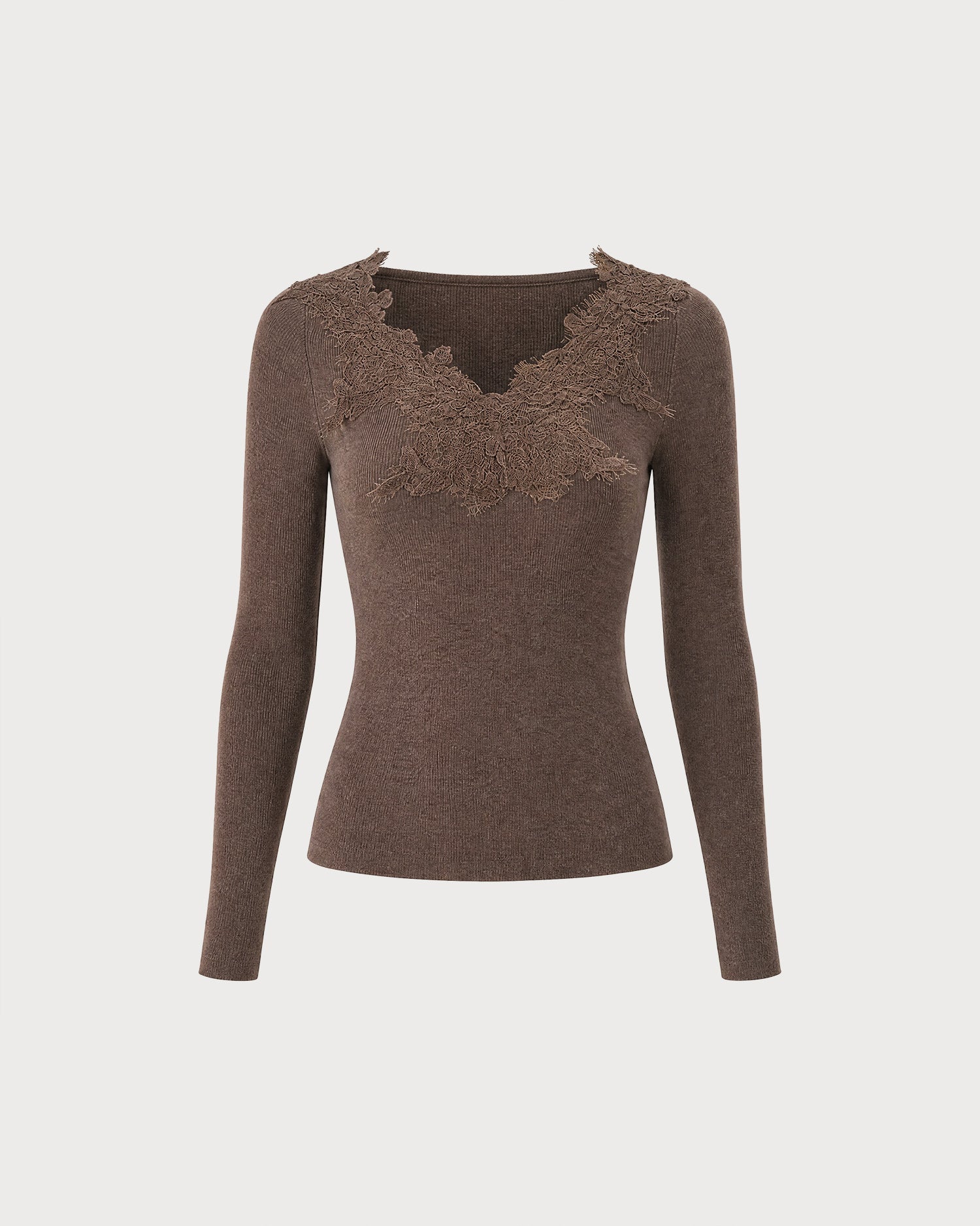 Coffee V Neck Lace Knit Sweater