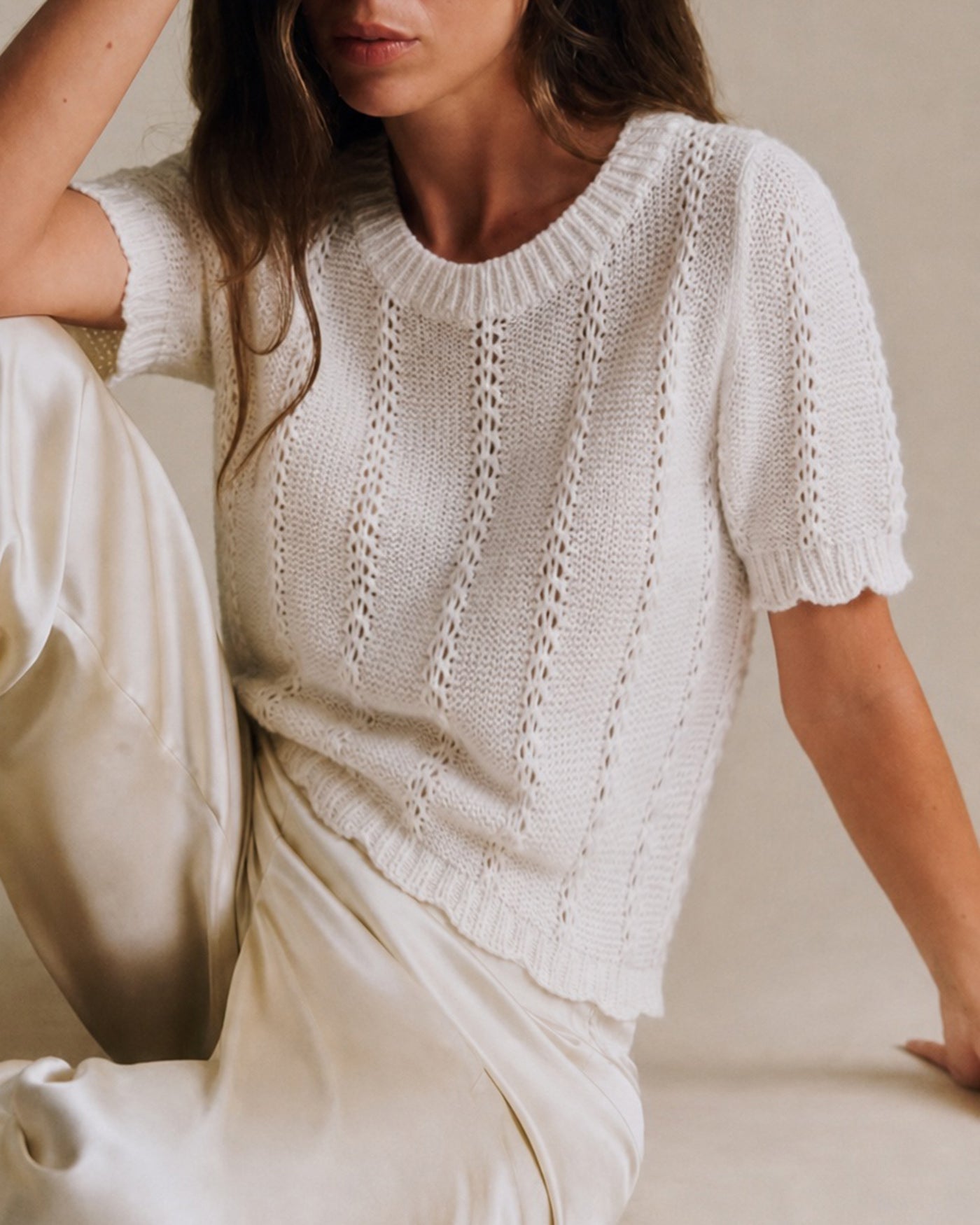 White Round Neck Textured Knit Sweater