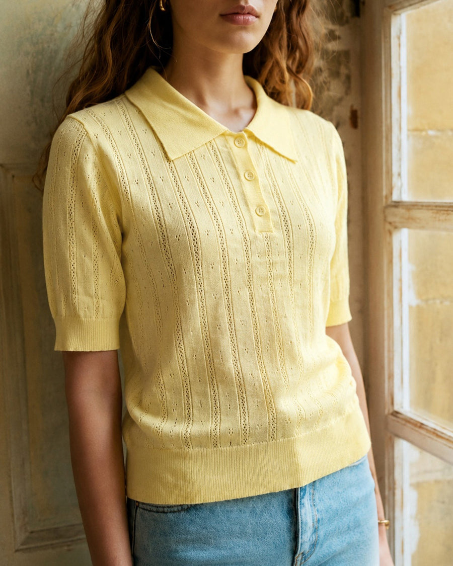 Yellow Collar Button Textured Sweater