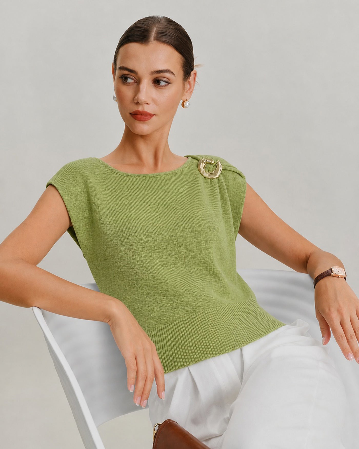 Green Round Neck Drop Shoulder Knit Sweater