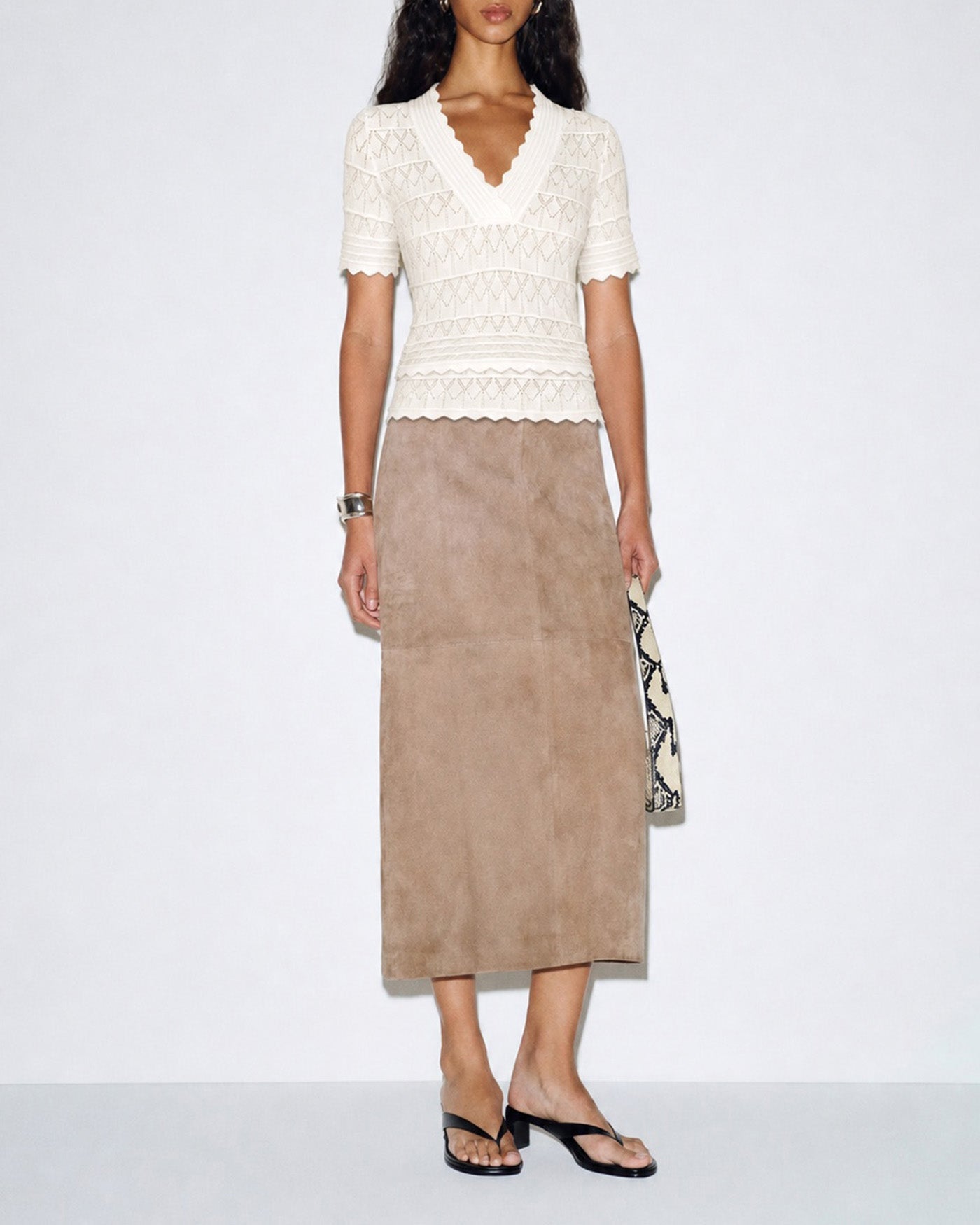 Off White Solid V Neck Textured Sweater