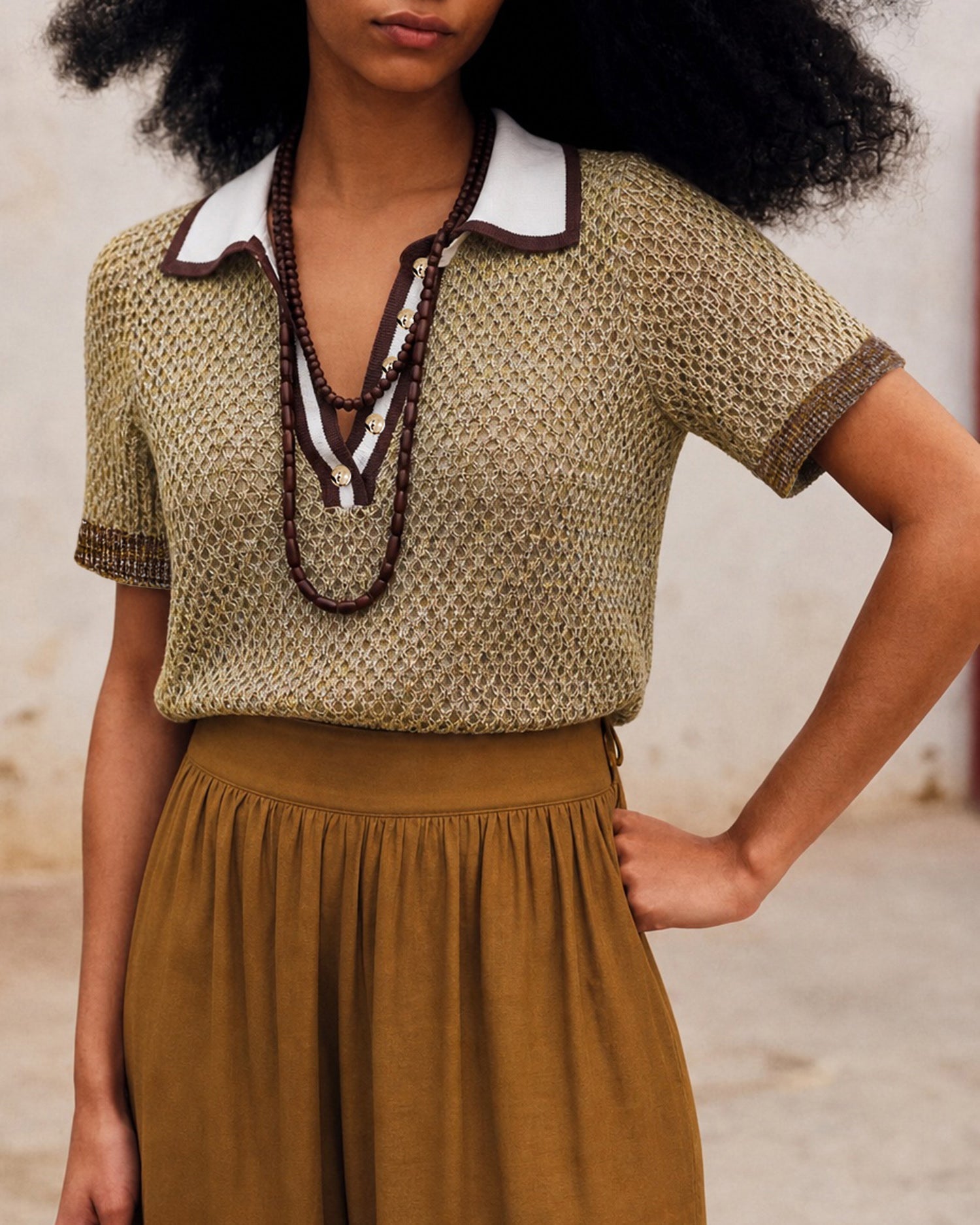 Brown Collar Contrasting Knit Sweater