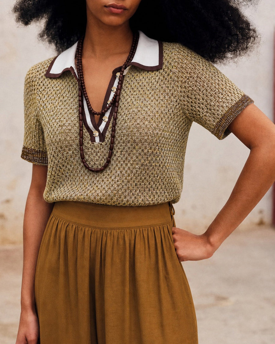 Brown Collar Contrasting Knit Sweater
