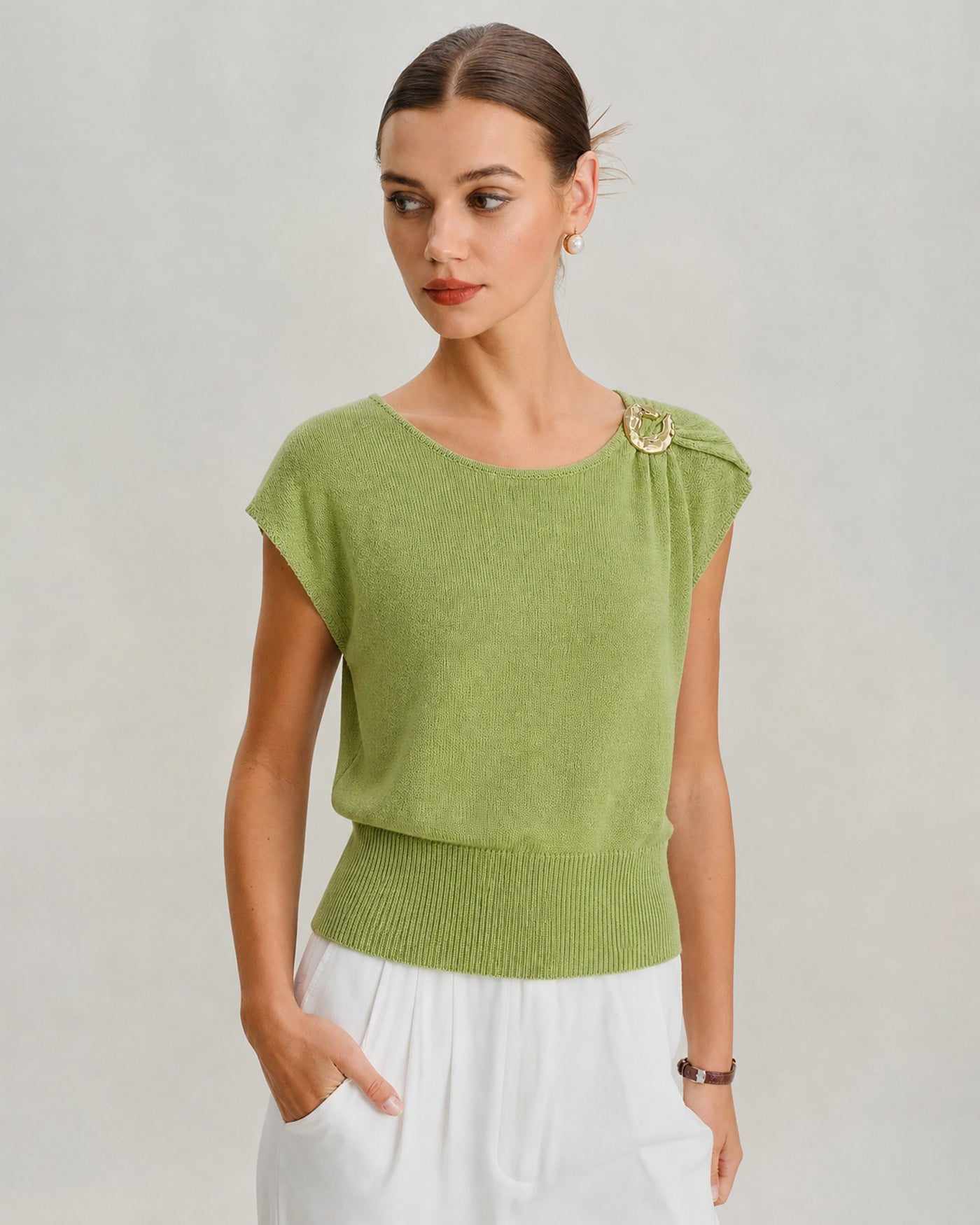 Green Round Neck Drop Shoulder Knit Sweater