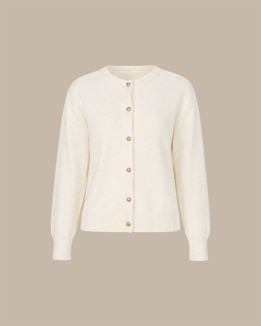 Off White Round Neck Button Knit Cardigan