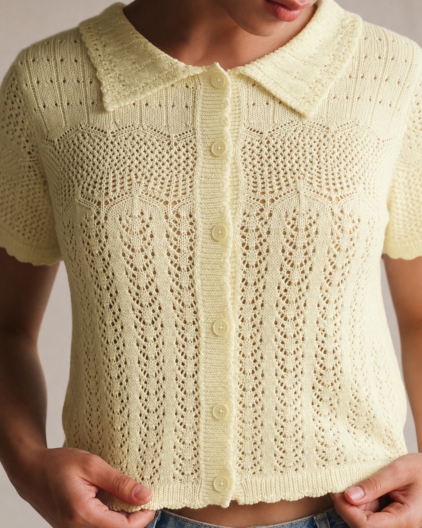Yellow Collar Textured Button Knit Cardigan
