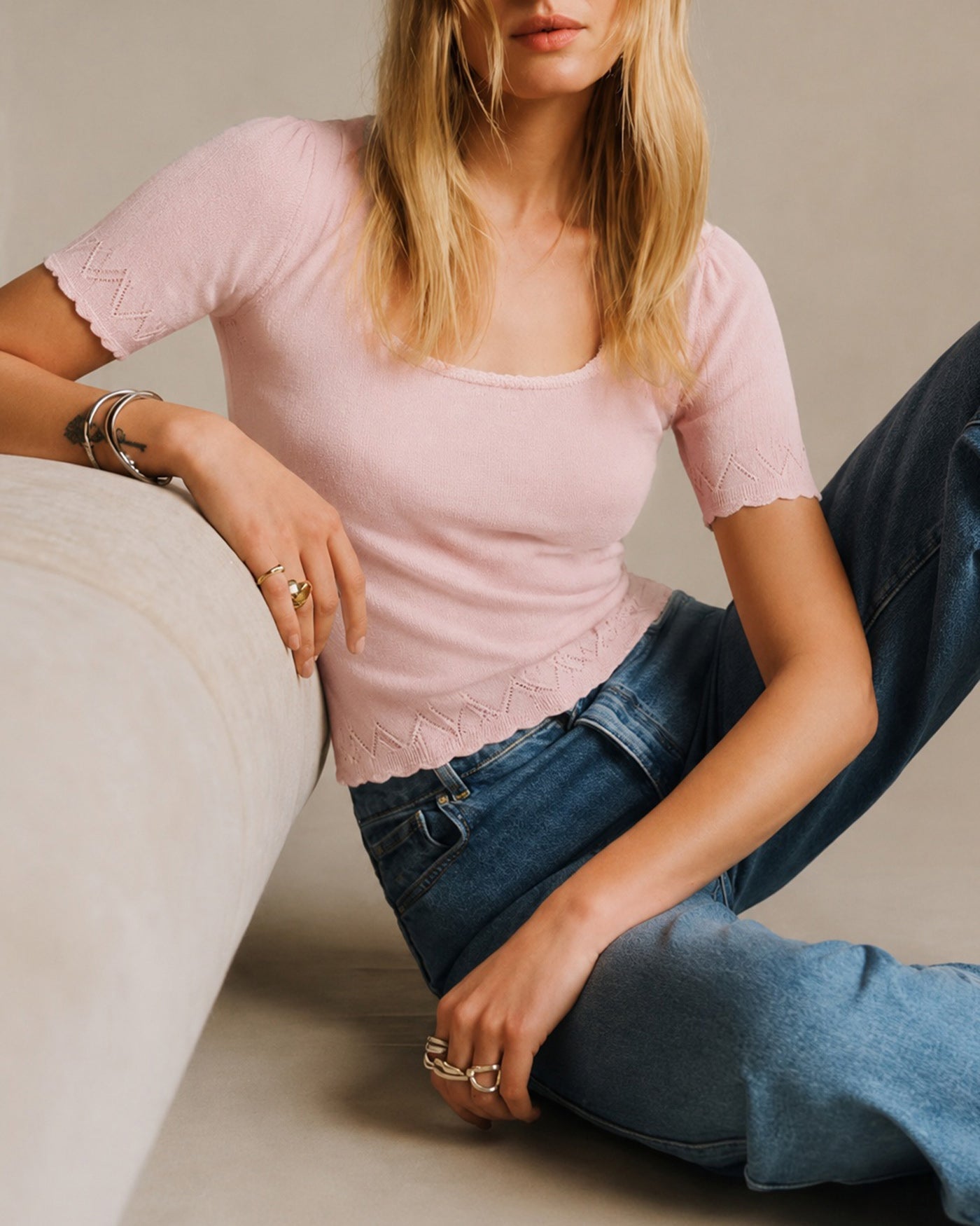 Pink U Neck Textured Knit Sweater