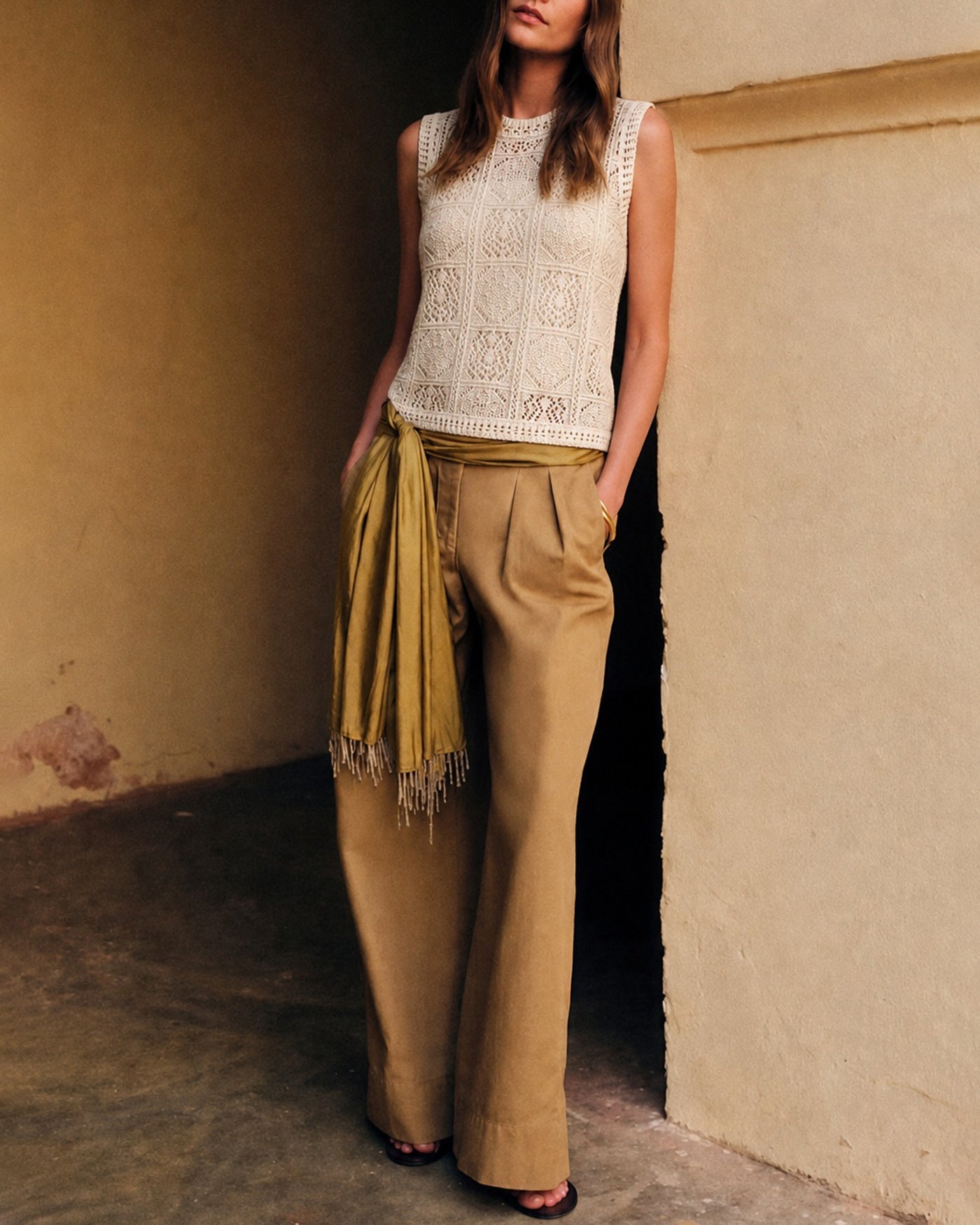 Apricot Round Neck Textured Knit Sweater