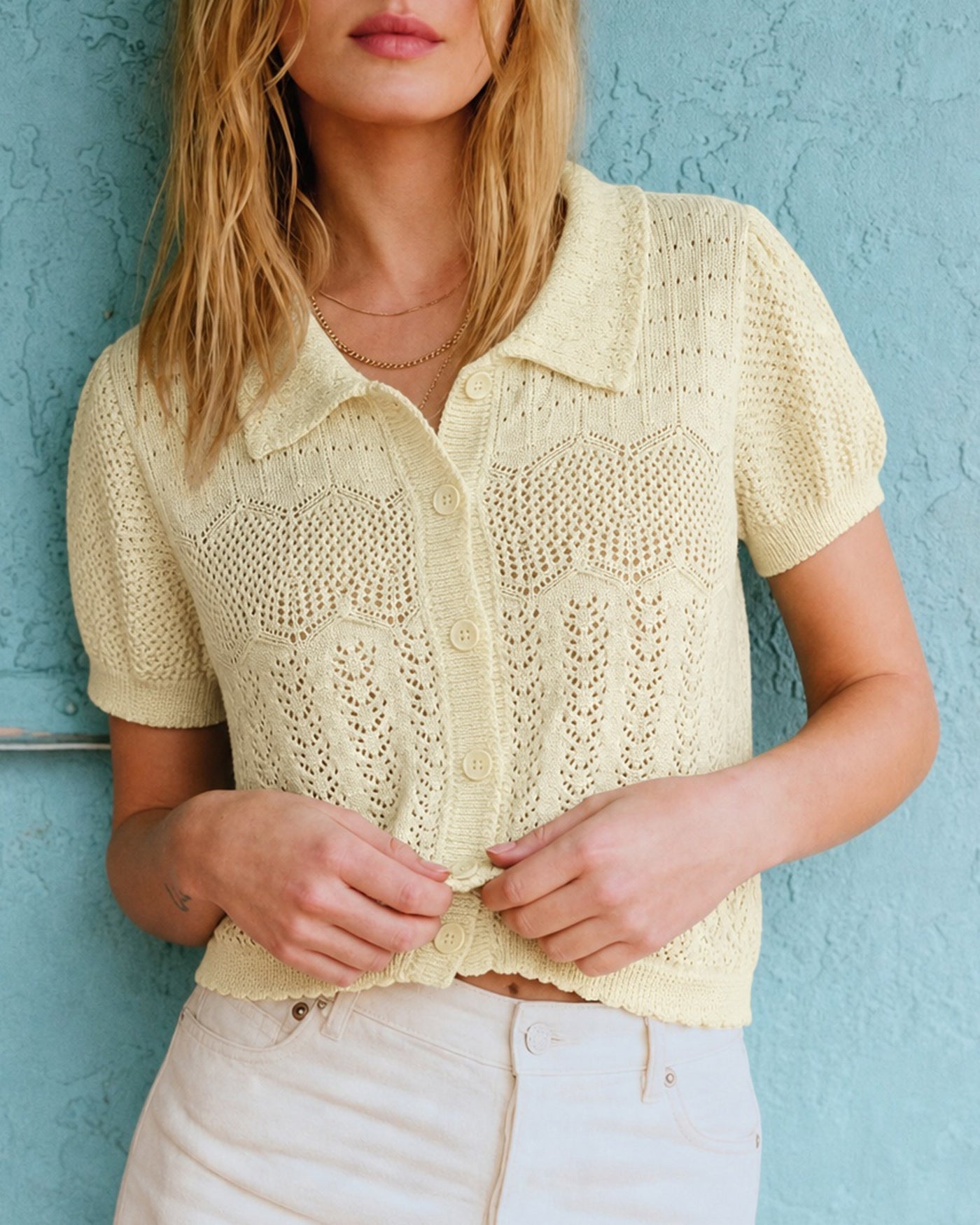 Yellow Collar Textured Button Knit Cardigan